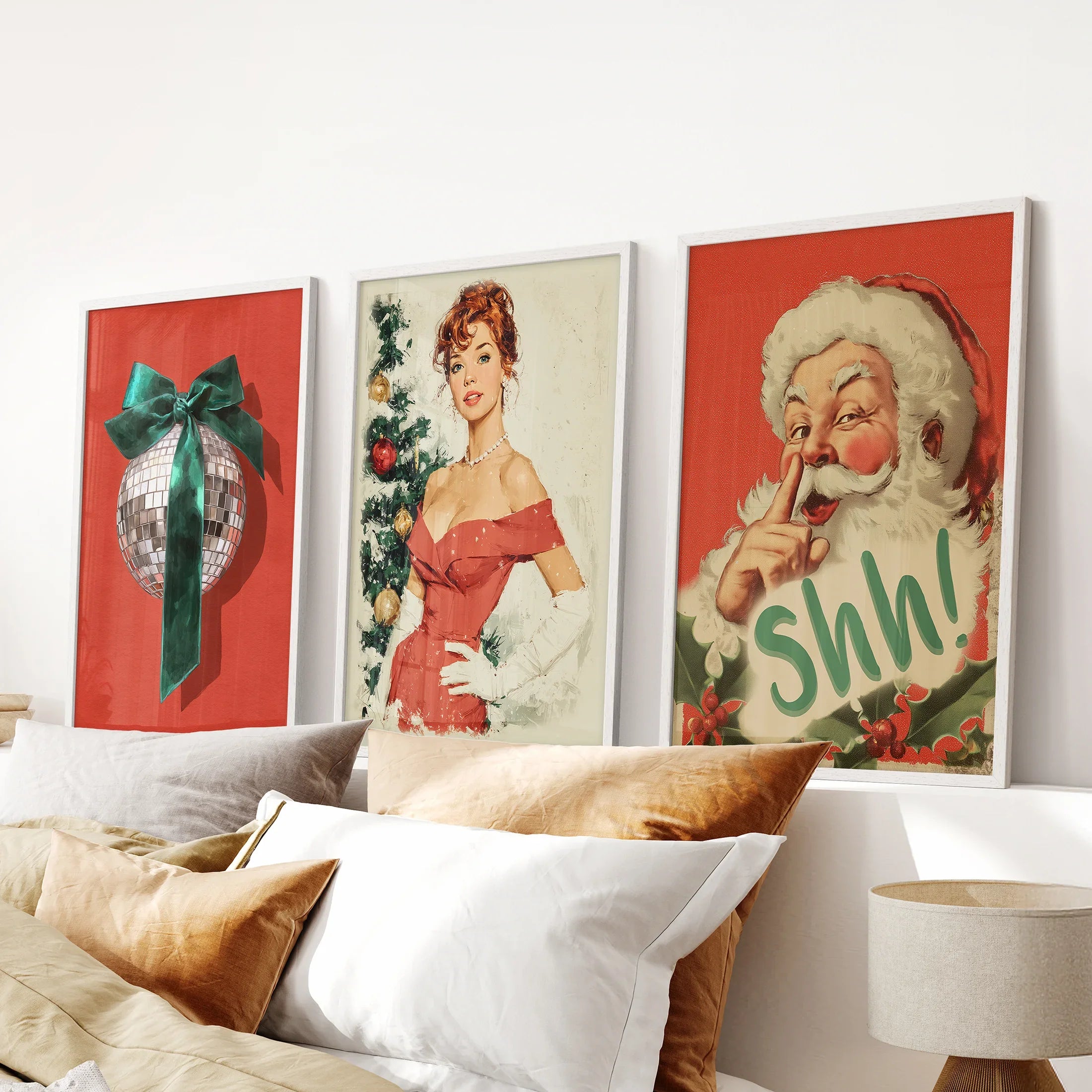 Retro Holiday 3 Piece Wall Art: Santa, Pin-Up Girl, Disco Ball