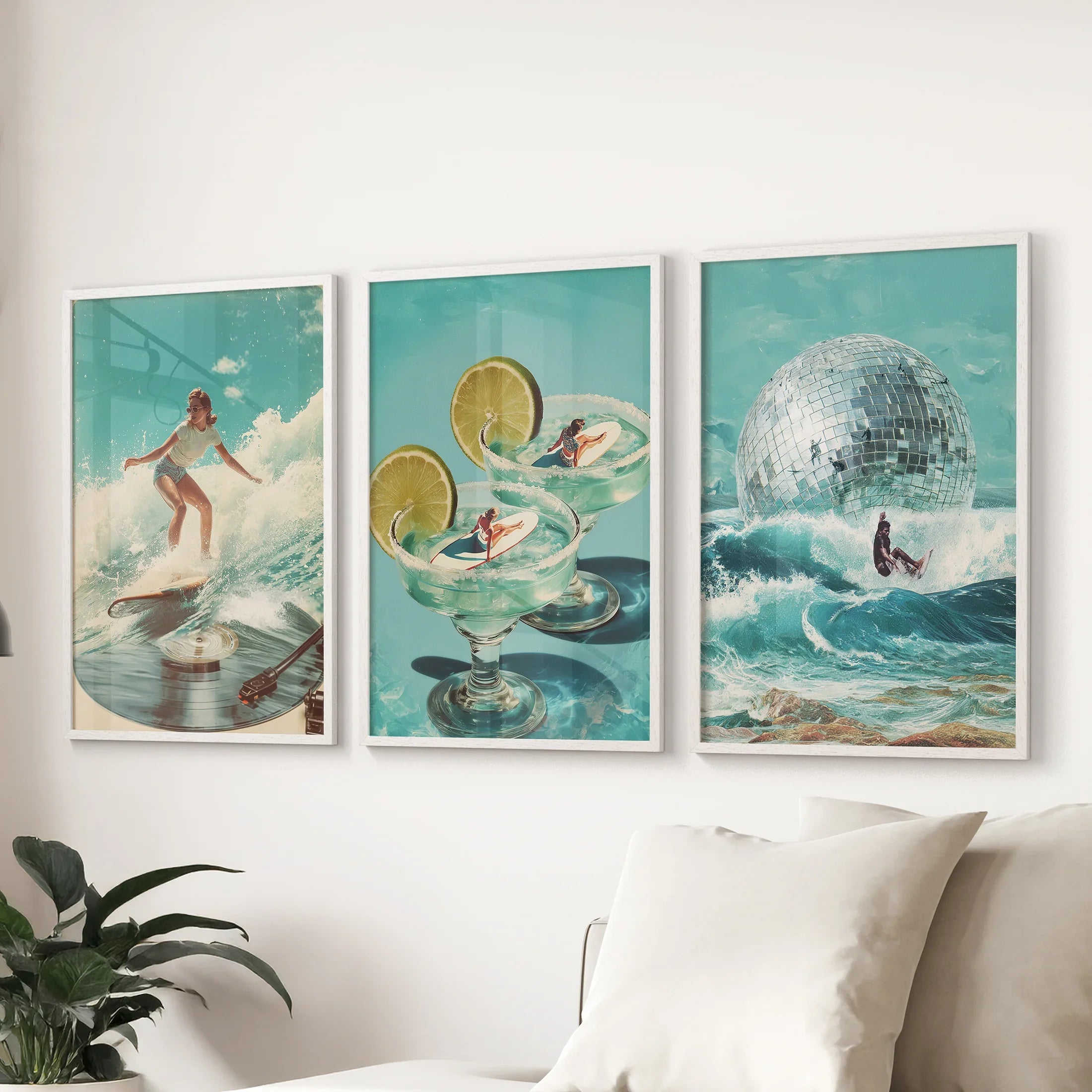 Retro Coastal Surfing Wall Art Set of 3. Surreal Blue Wave