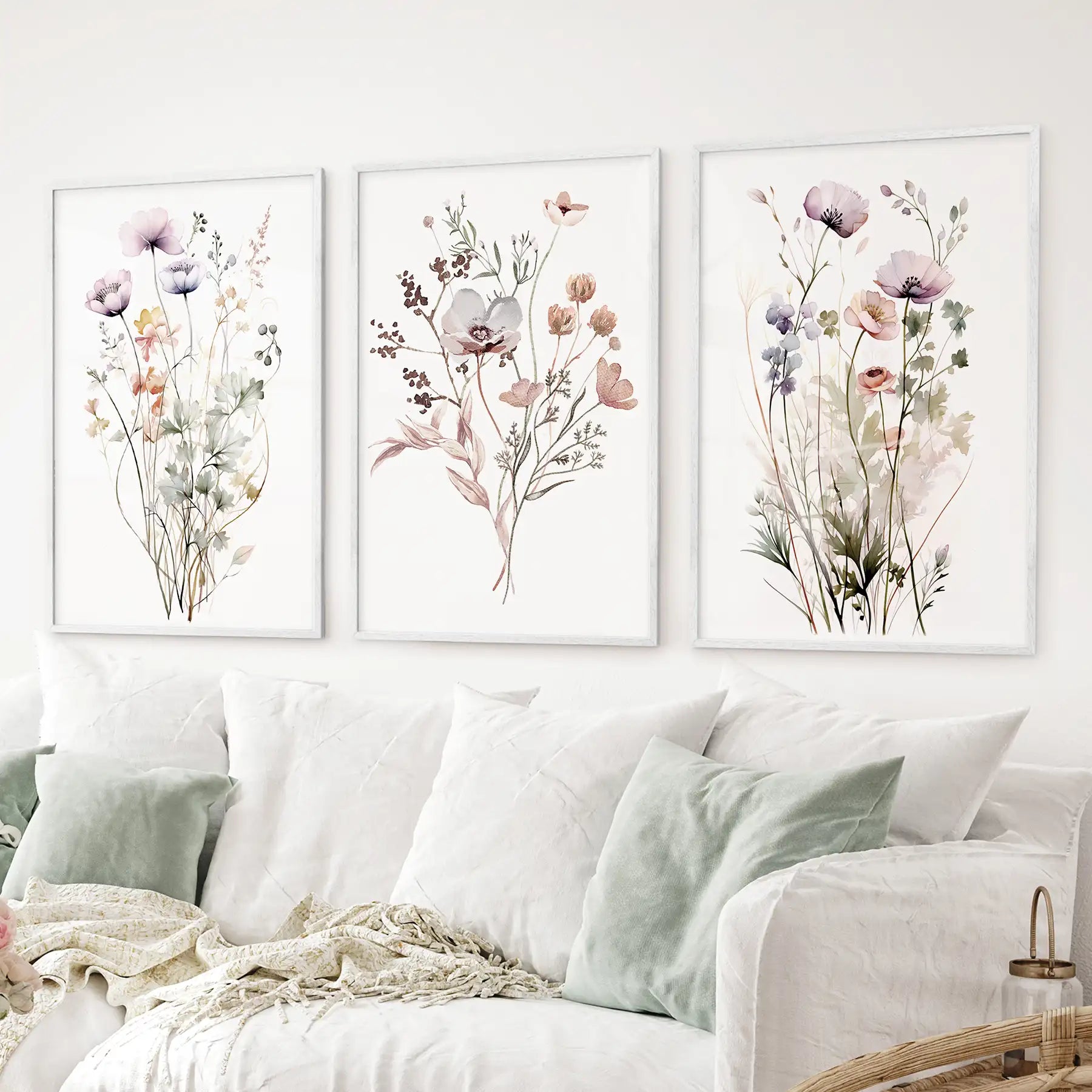 Soft Wildflower Wall Art. Set of 3 Muted Floral Prints