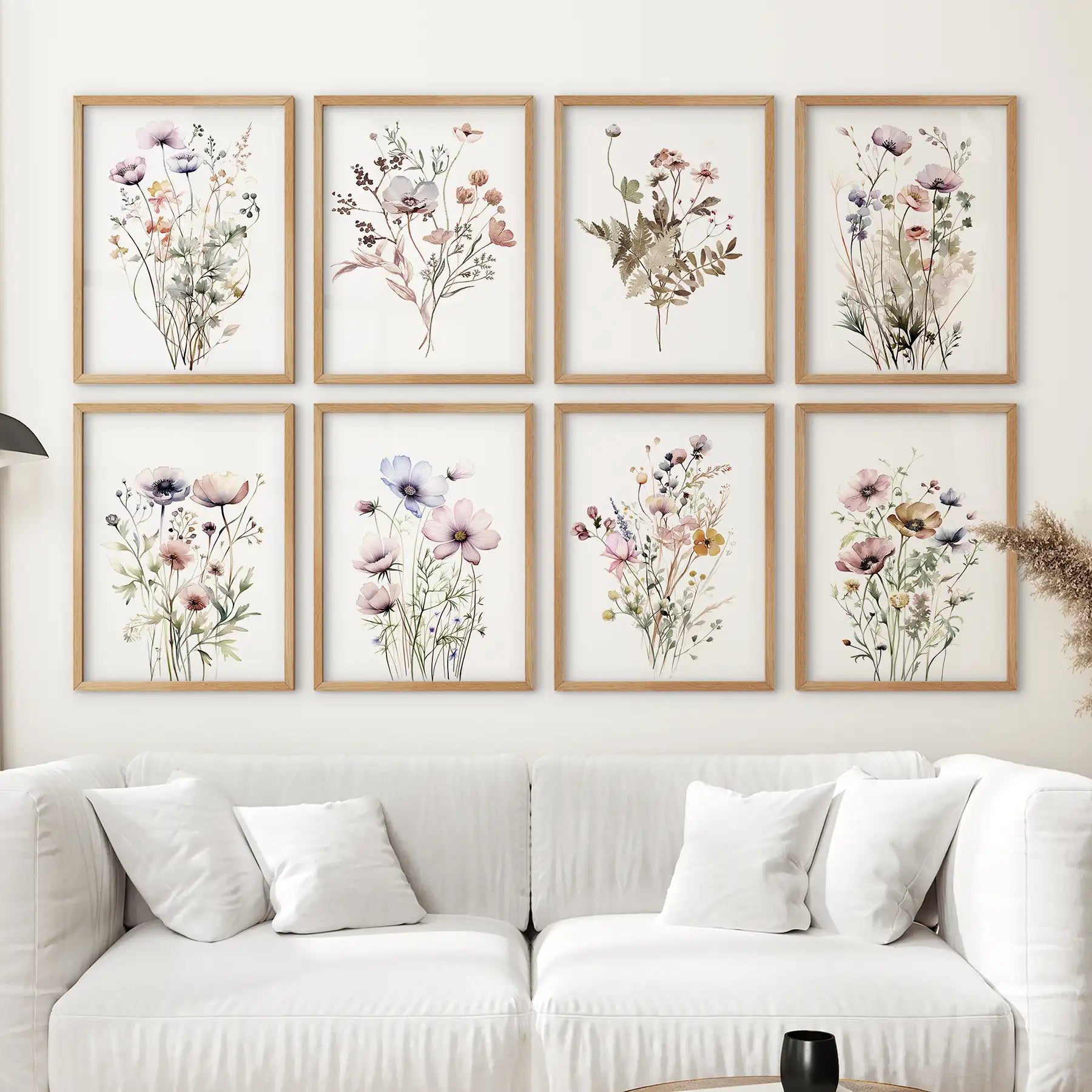 Watercolor Wildflower Gallery Wall. 8 Piece Botanical Print Set for Living Room