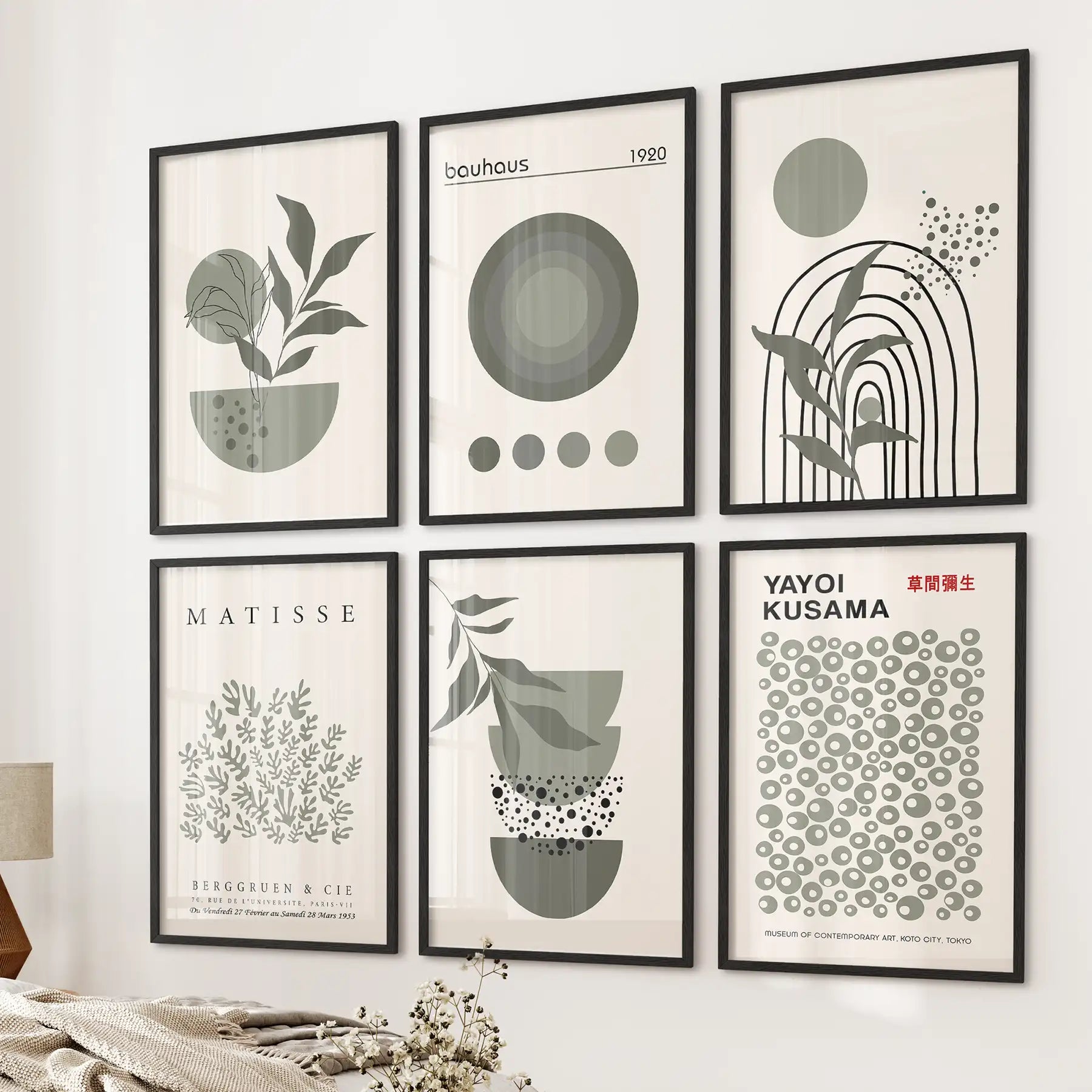 Sage Green Gallery Wall. Set of 6 Abstract Posters Inspired by Matisse, Kusama and Bauhaus