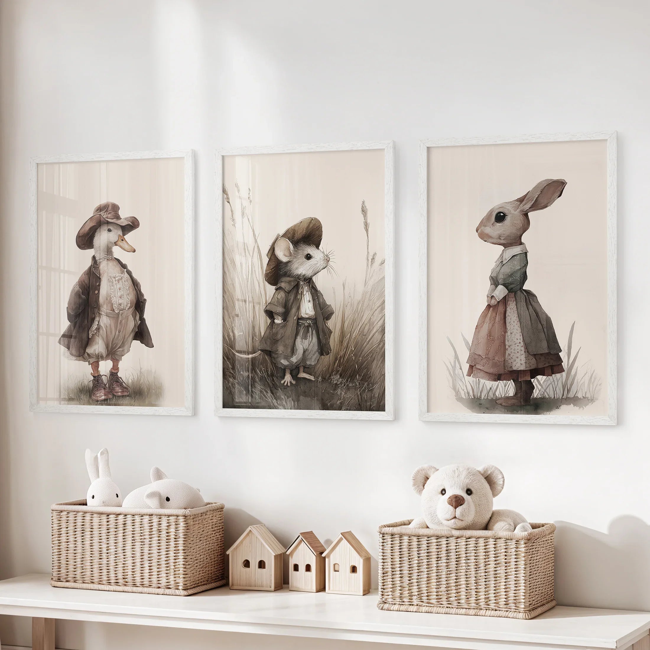 Vintage Animal Nursery Wall Art Set: Duck, Mouse, Rabbit