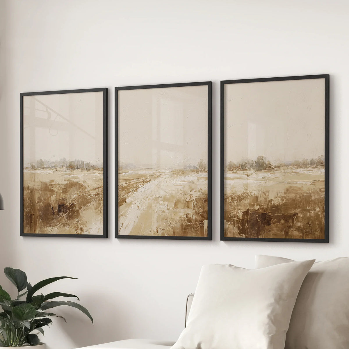 Neutral Abstract Landscape Art. Beige Farmhouse Triptych – Paper & Pearl