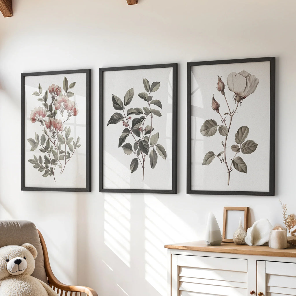 Set of 3 Floral Posters. Rose Flower Vintage Wall Art