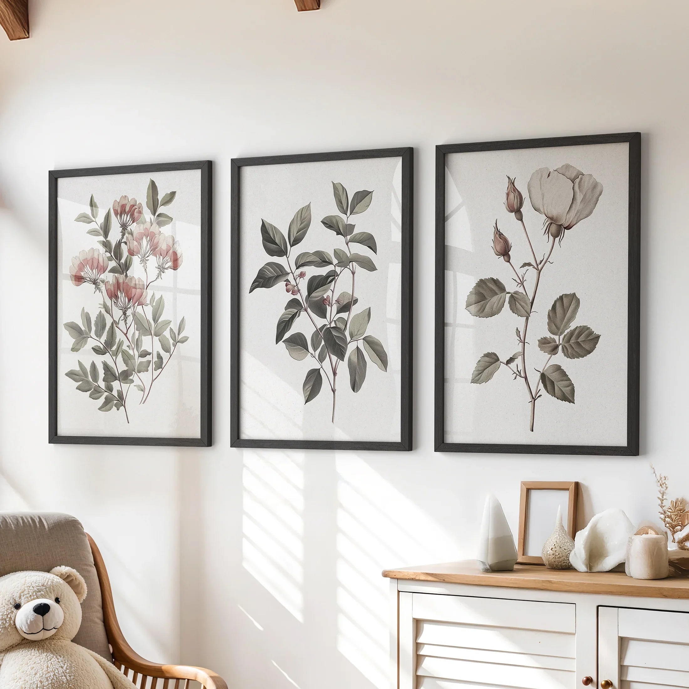 Set of 3 Floral Posters. Rose Flower Vintage Wall Art