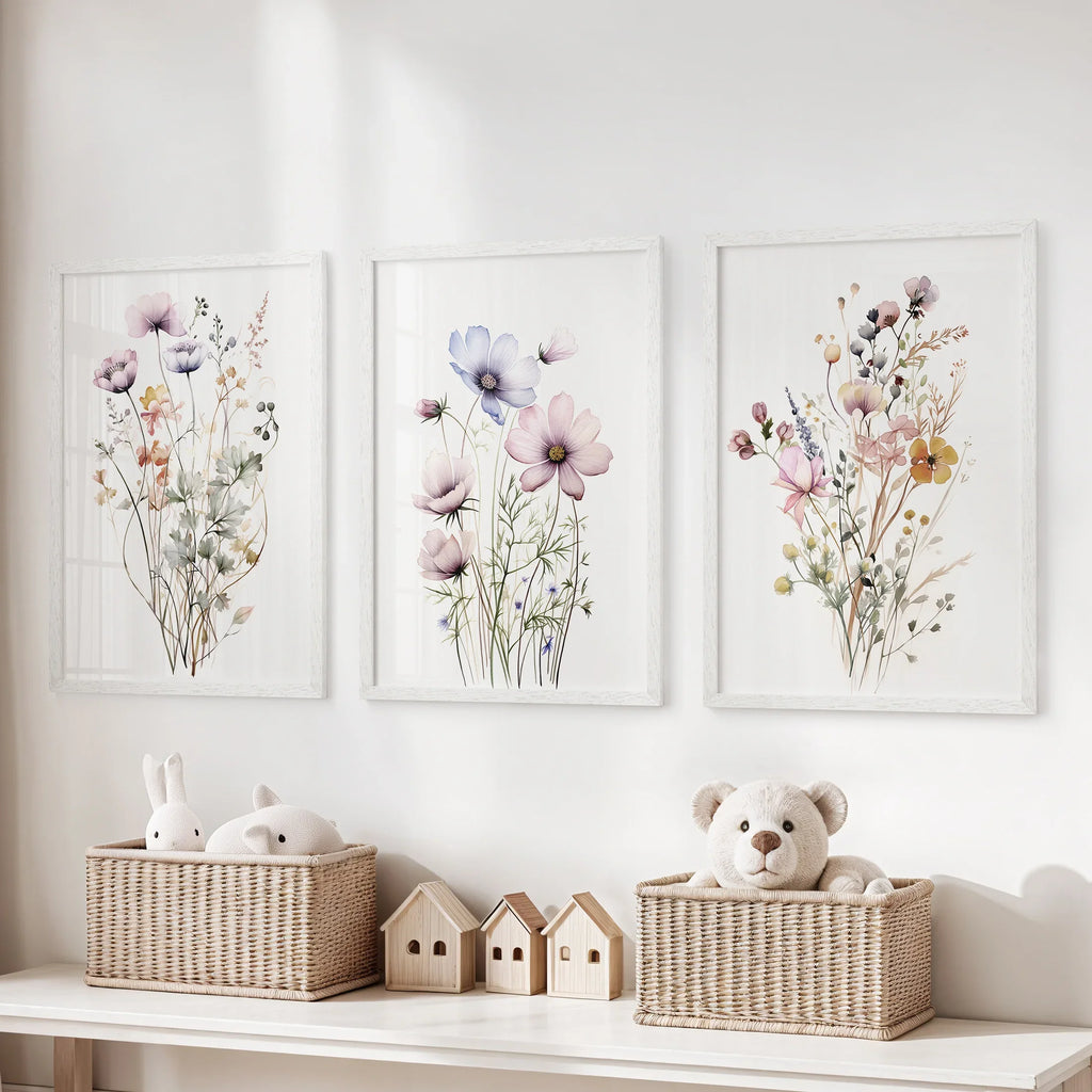 Watercolor Floral Wall Art. Set of 3 Botanical Prints