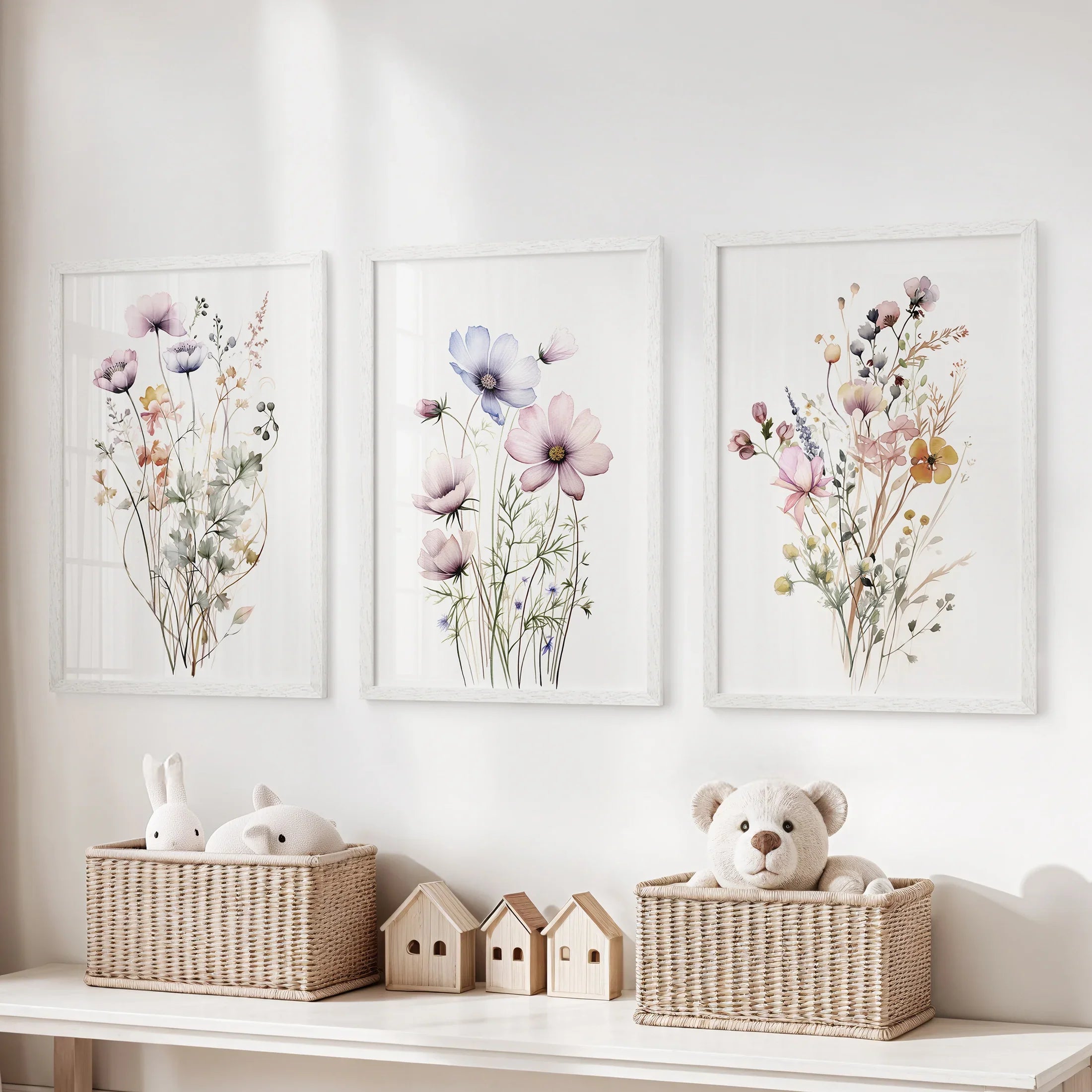 Watercolor Floral Wall Art. Set of 3 Botanical Prints