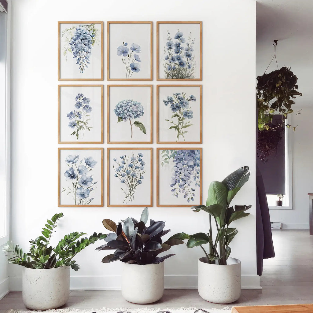 9 Piece Wall Art Decor. Blue Hydrangea Floral Posters