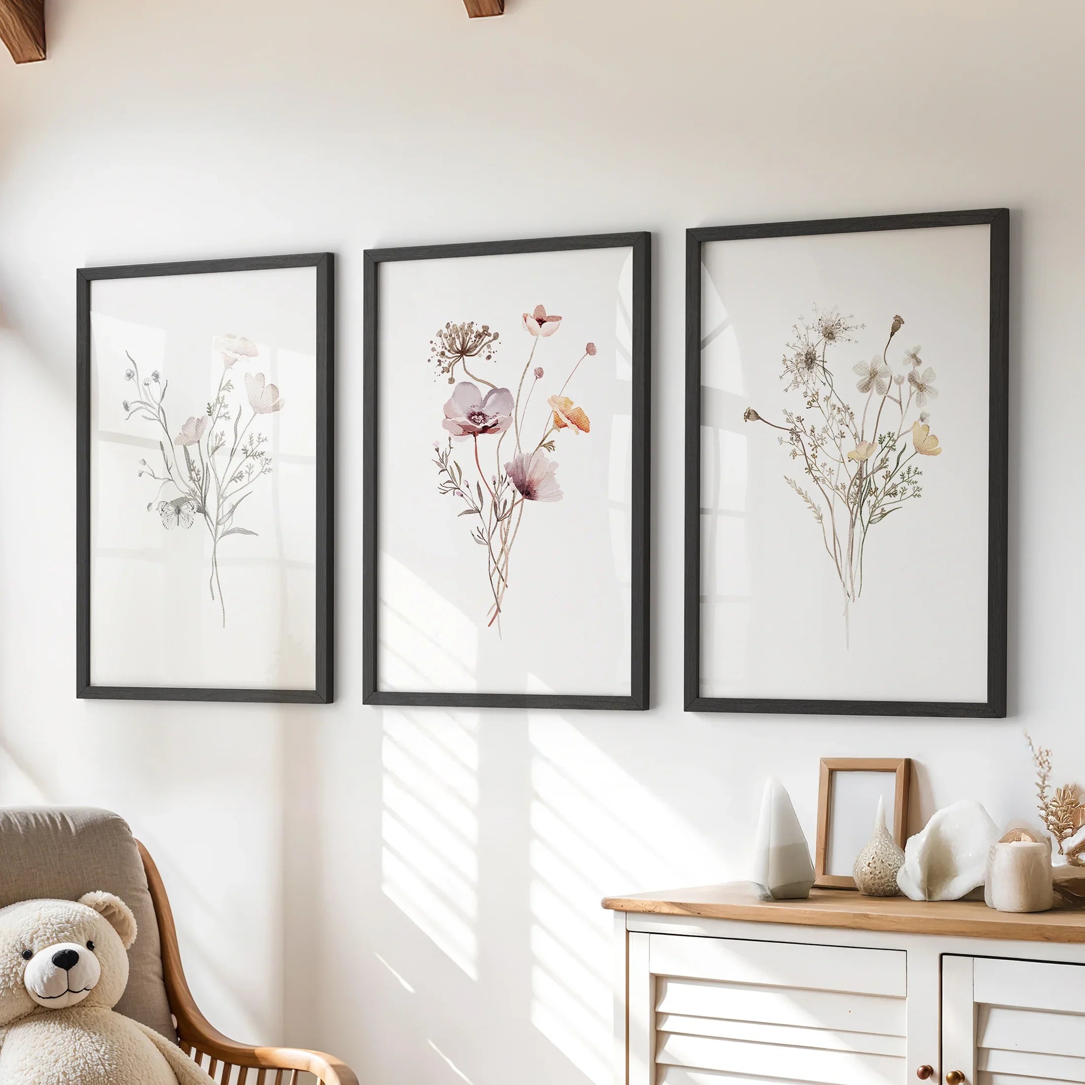 Watercolor Wildflower Set of 3 Prints. Botanical Floral Art for Cottage Spaces