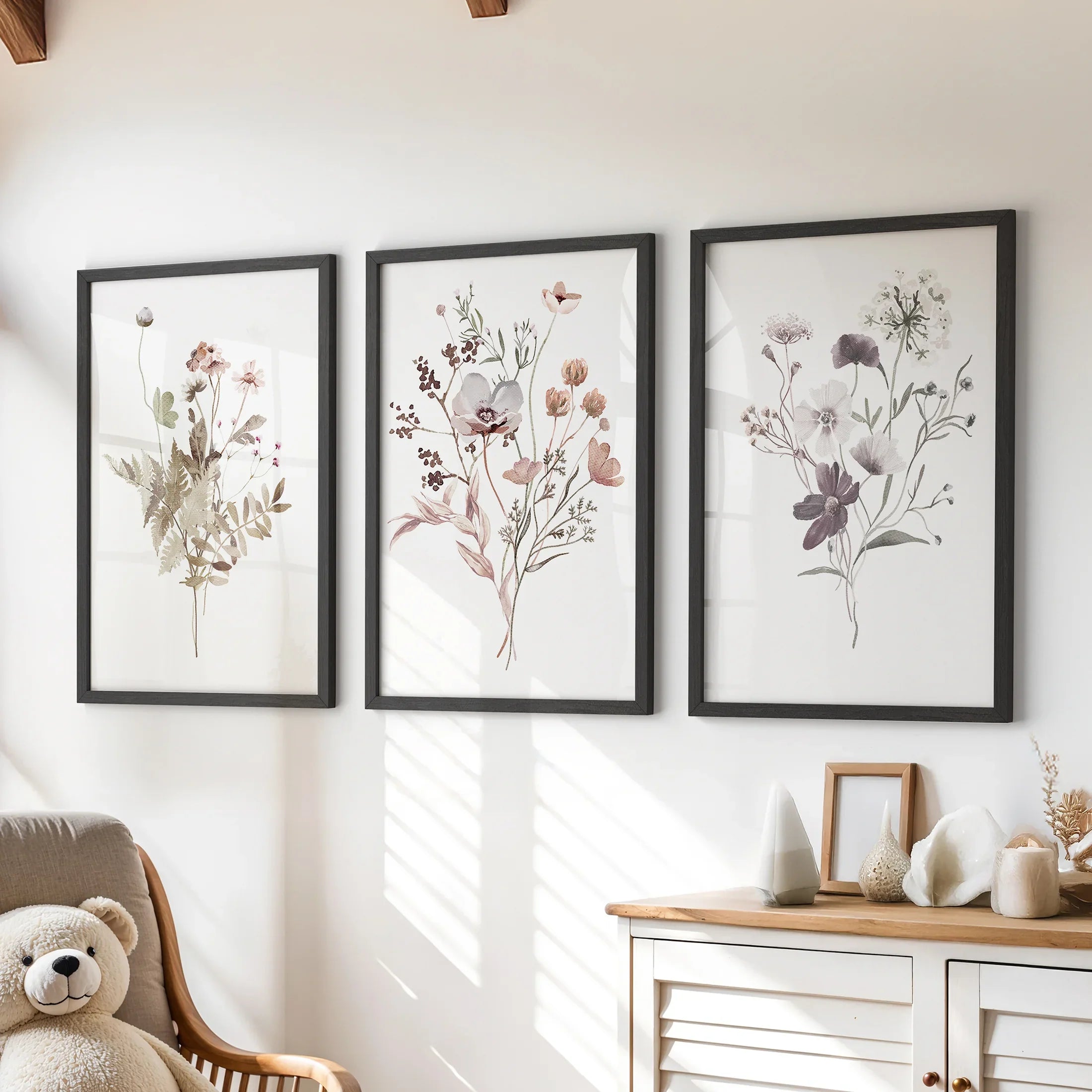 Meadow Wildflower Print Set of 3 Pieces. Watercolor Botanical Prints