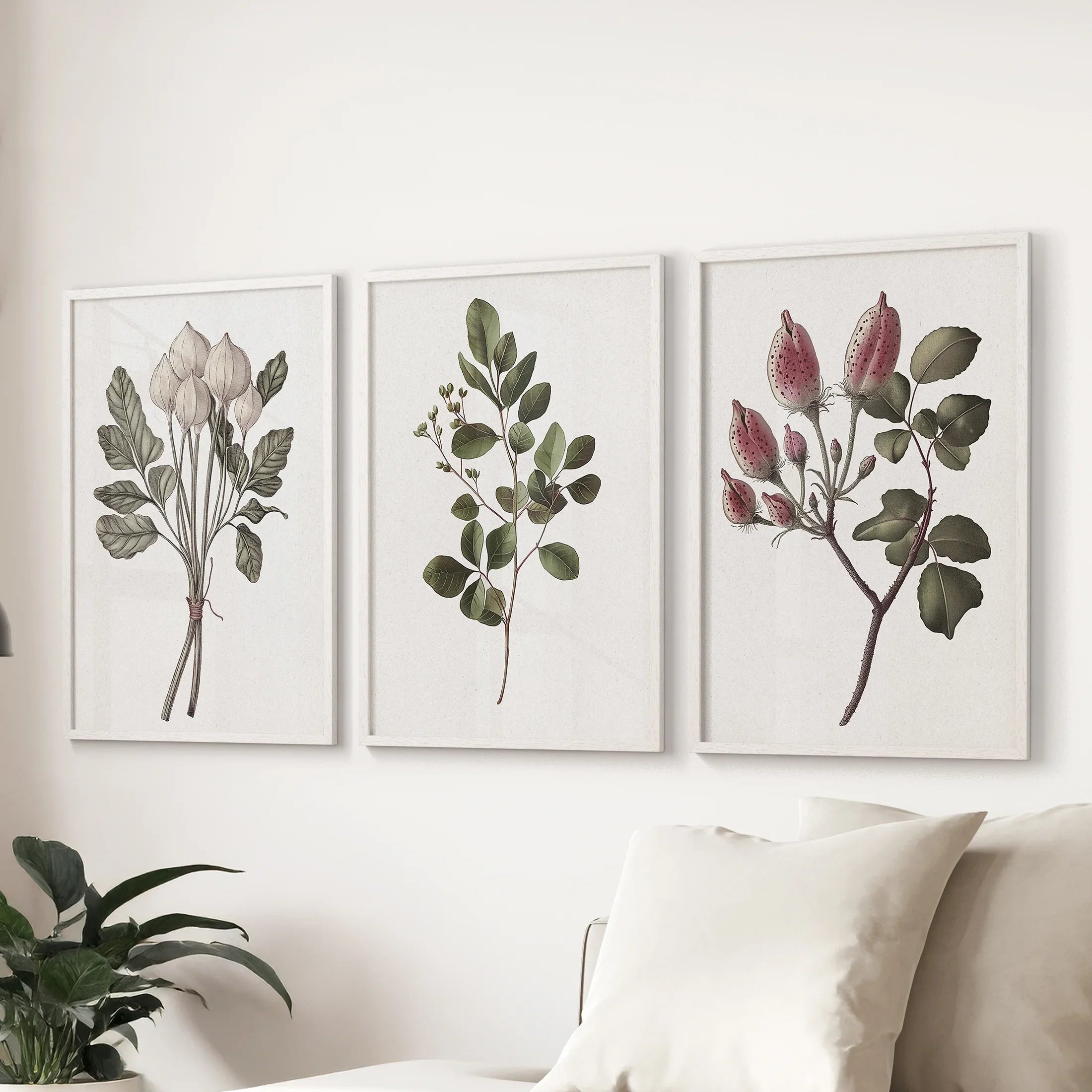 Rustic Botanical Print Set of 3. Vintage Flowers Wall Art