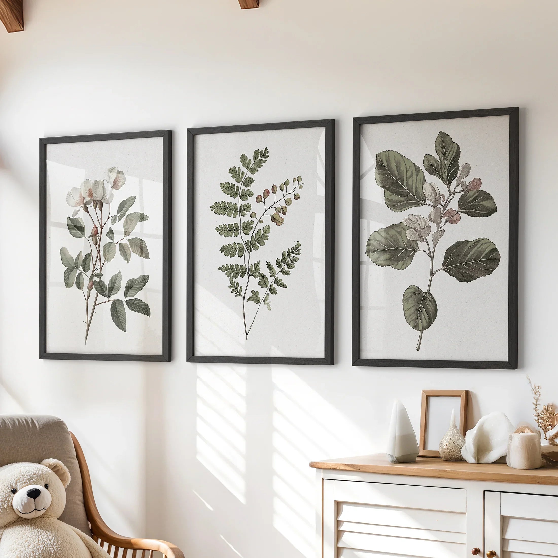 Minimalist Lithographic Plants Prints. 3 Piece Botanical Art