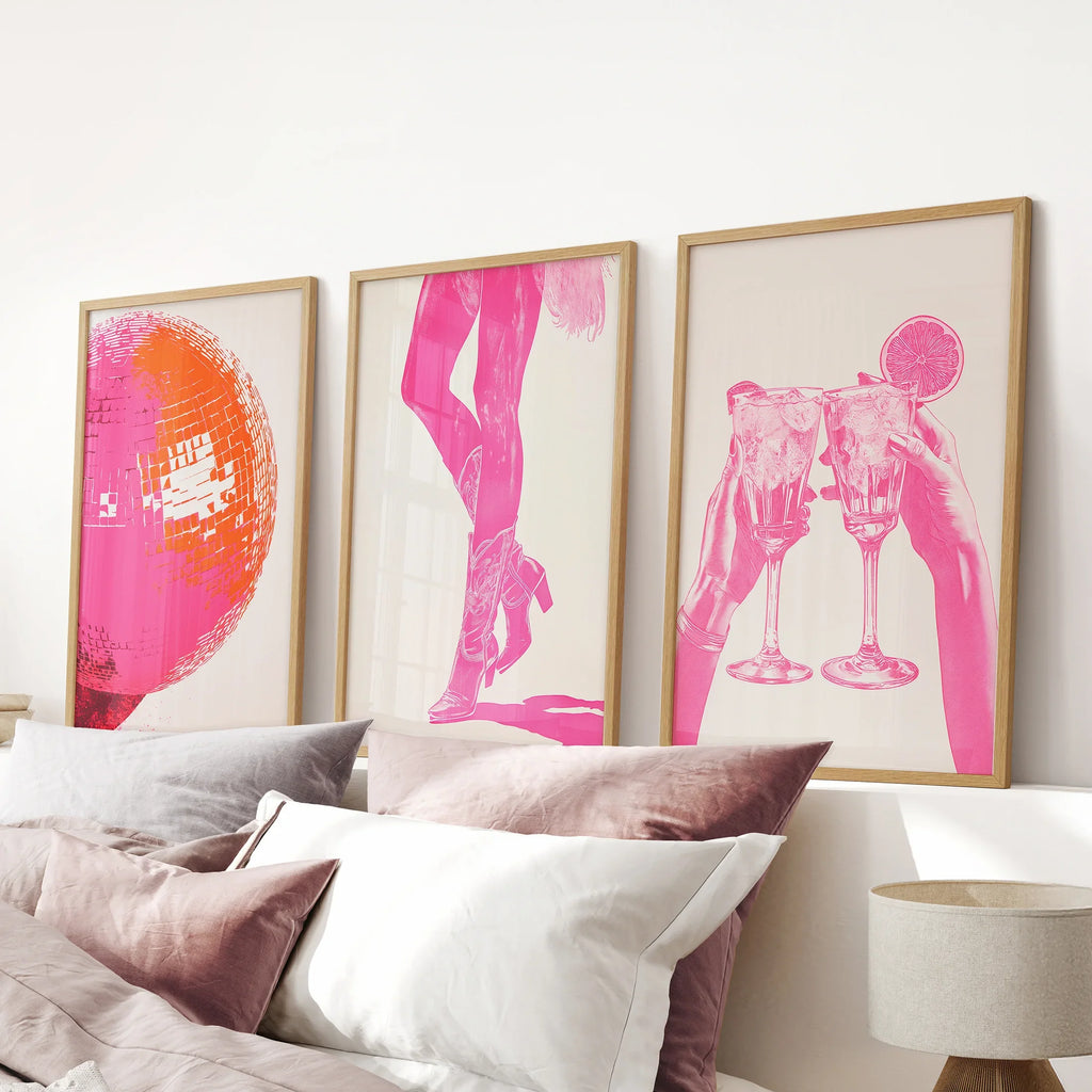 Funky Preppy Pink Wall Art. Set of 3 Girl Power Posters for Apartment or Dorm