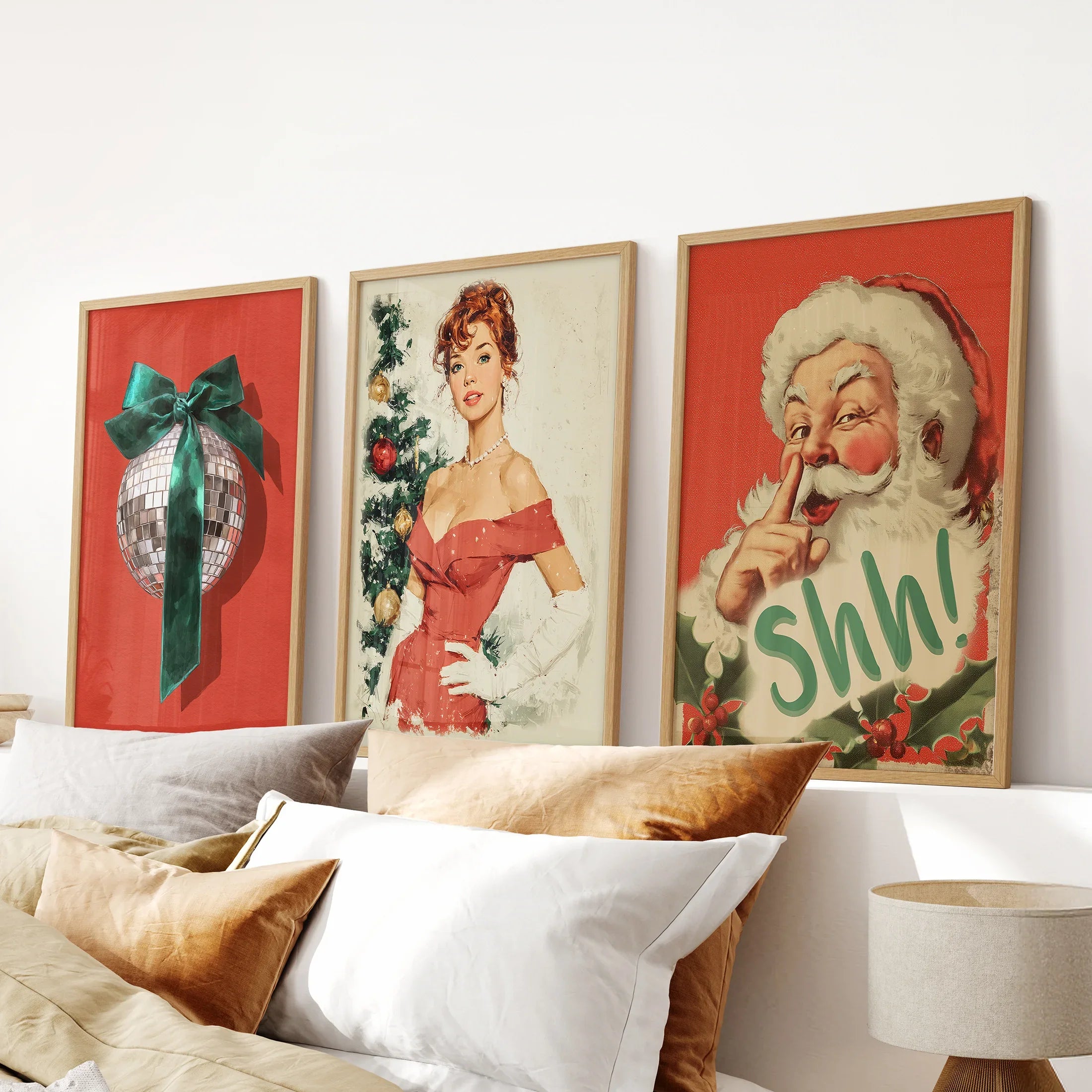 Retro Holiday 3 Piece Wall Art: Santa, Pin-Up Girl, Disco Ball