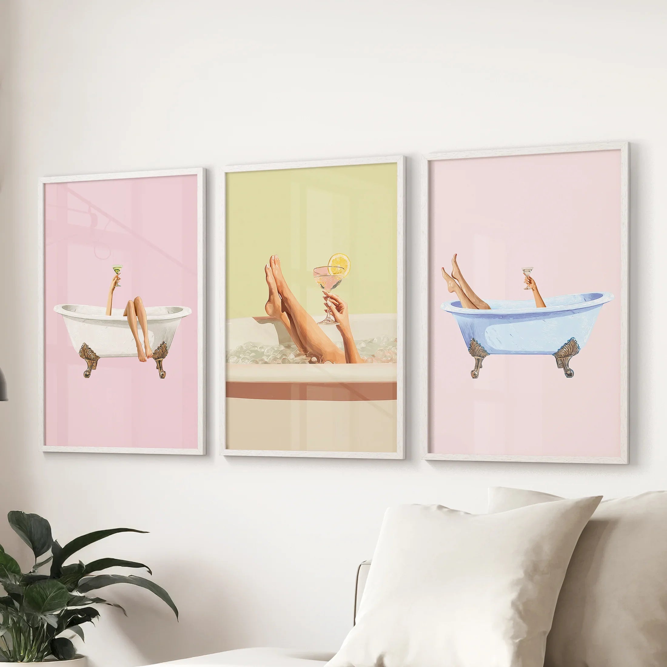Relaxing Bathtub Prints with Cocktails. Set of 3 Prints
