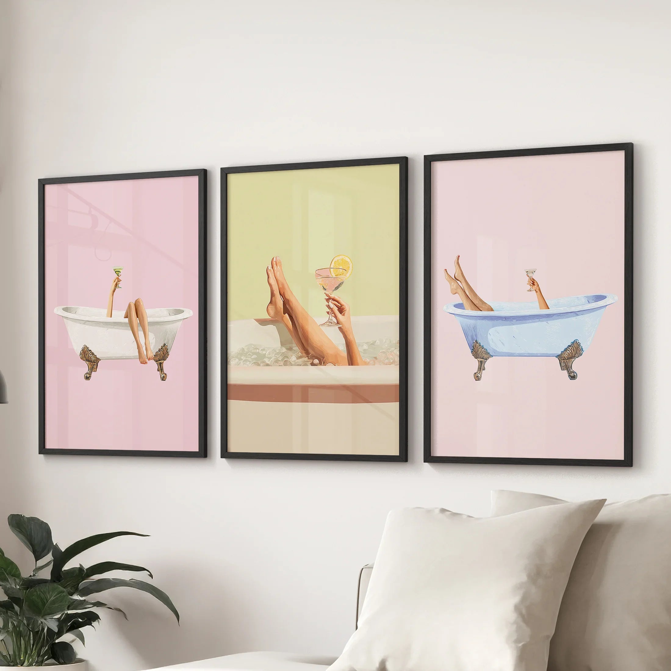Relaxing Bathtub Prints with Cocktails. Set of 3 Prints