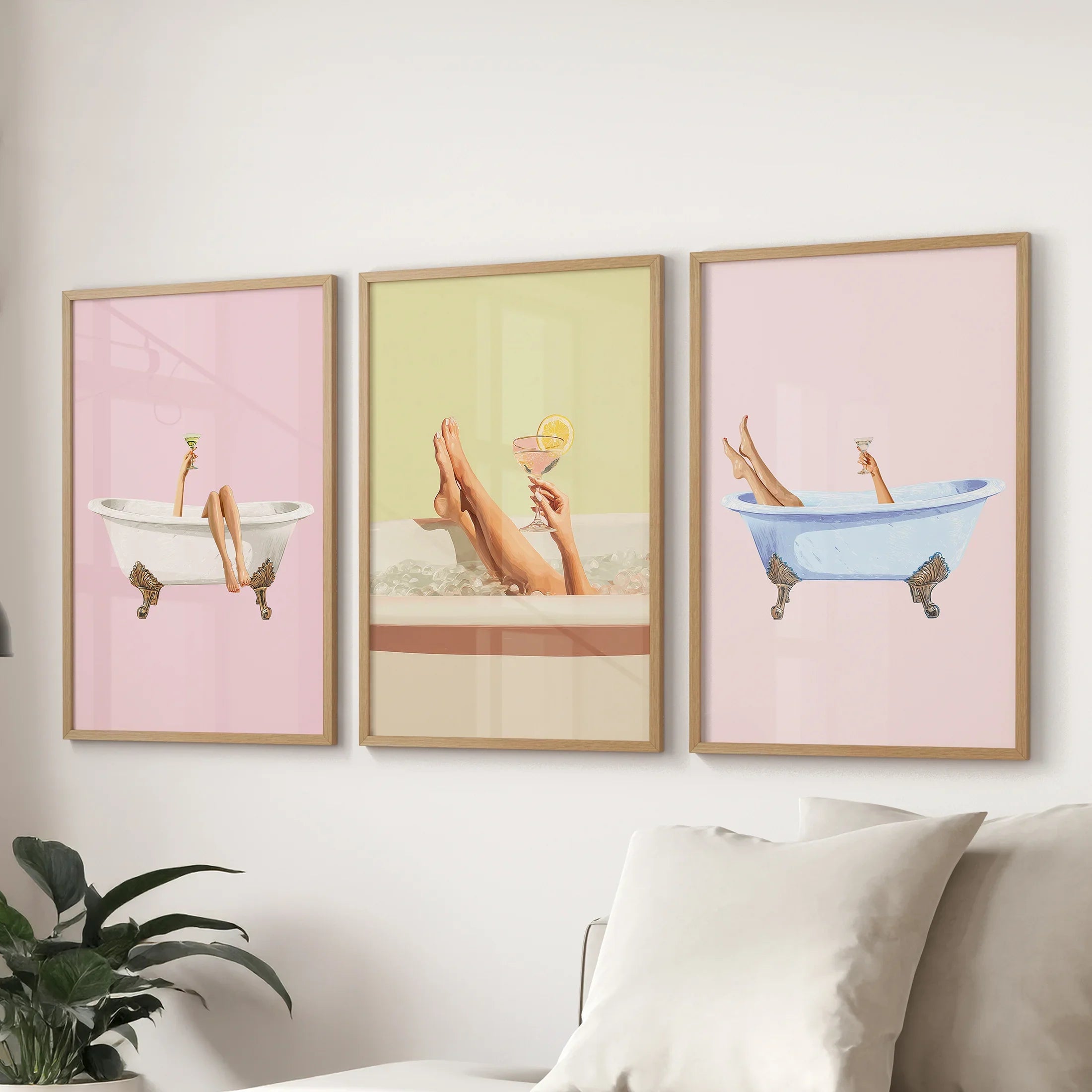 Relaxing Bathtub Prints with Cocktails. Set of 3 Prints