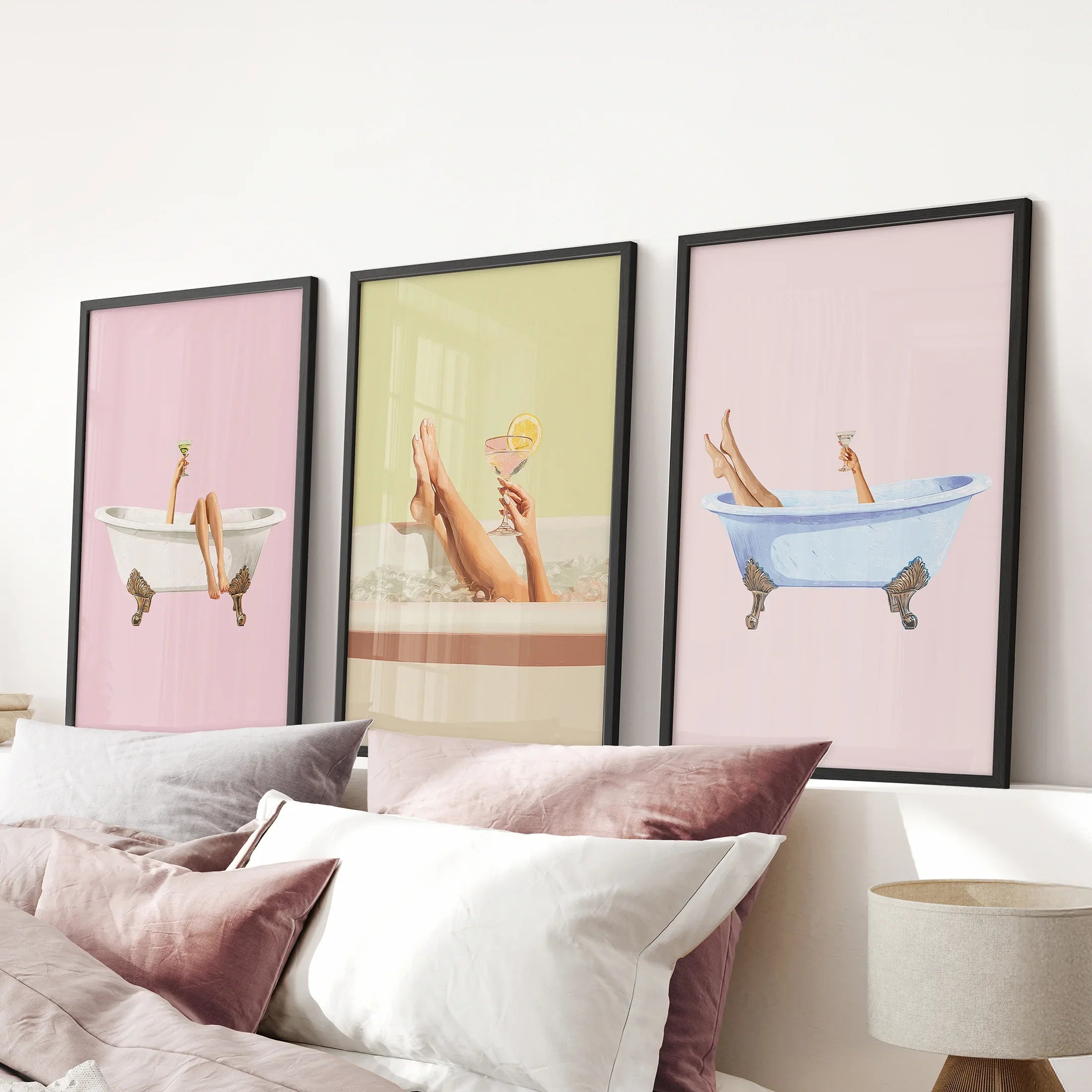 Relaxing Bathtub Prints with Cocktails. Set of 3 Prints