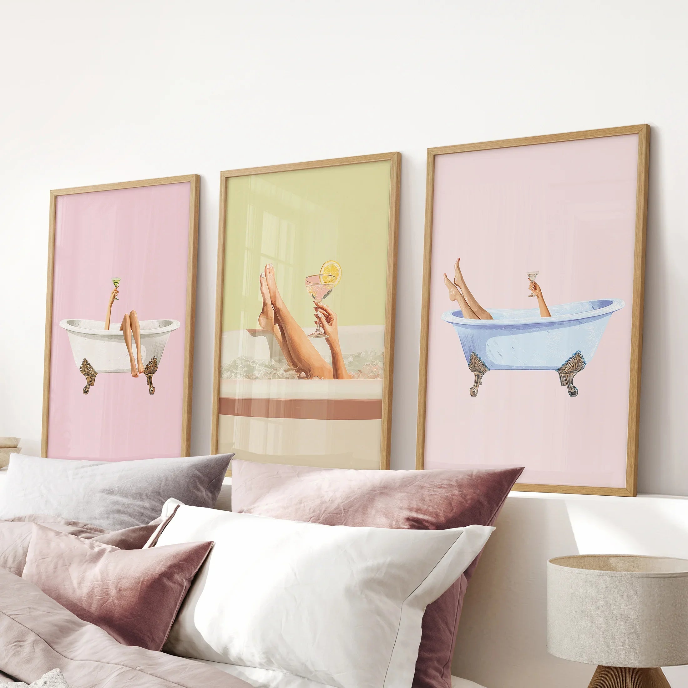 Relaxing Bathtub Prints with Cocktails. Set of 3 Prints