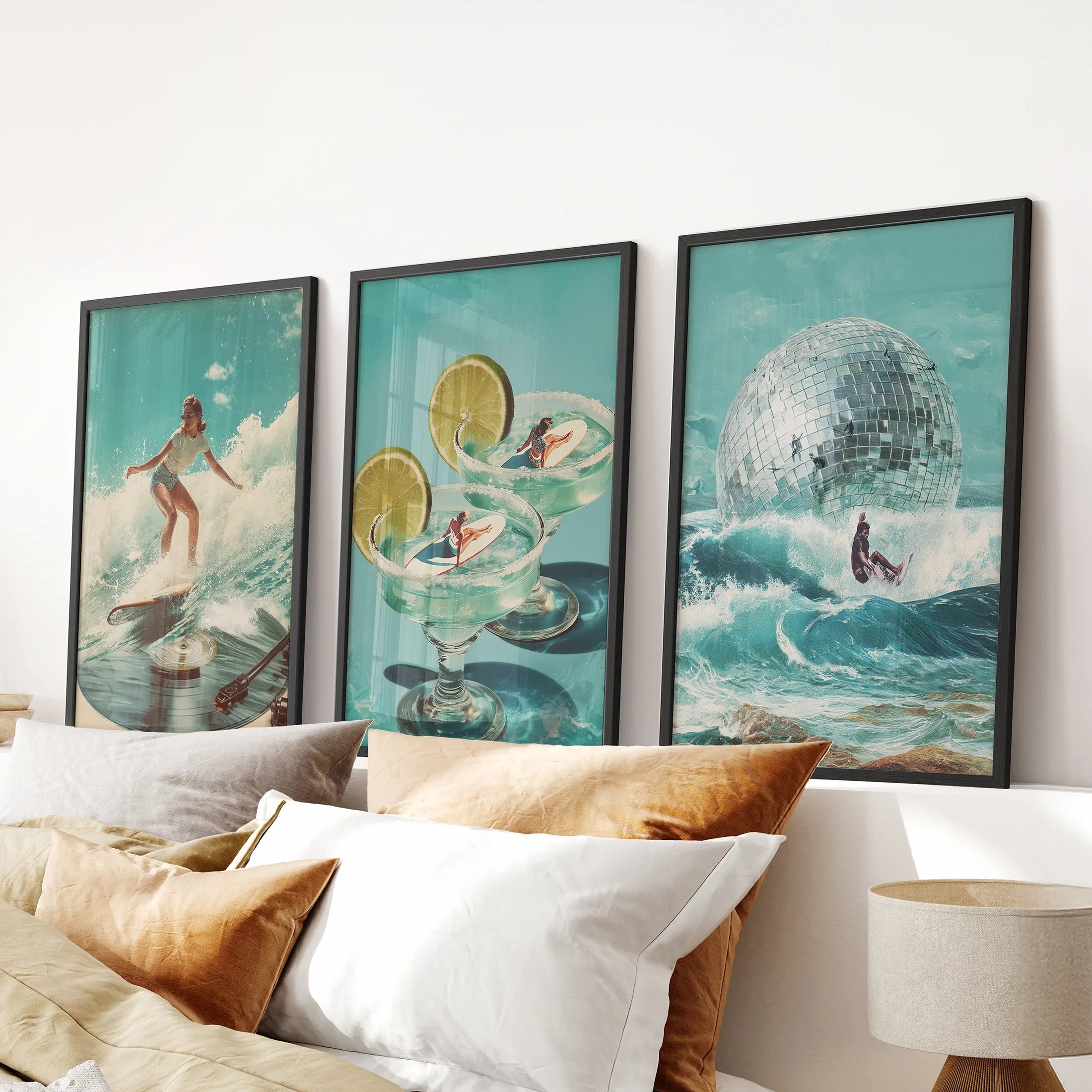 Retro Coastal Surfing Wall Art Set of 3. Surreal Blue Wave