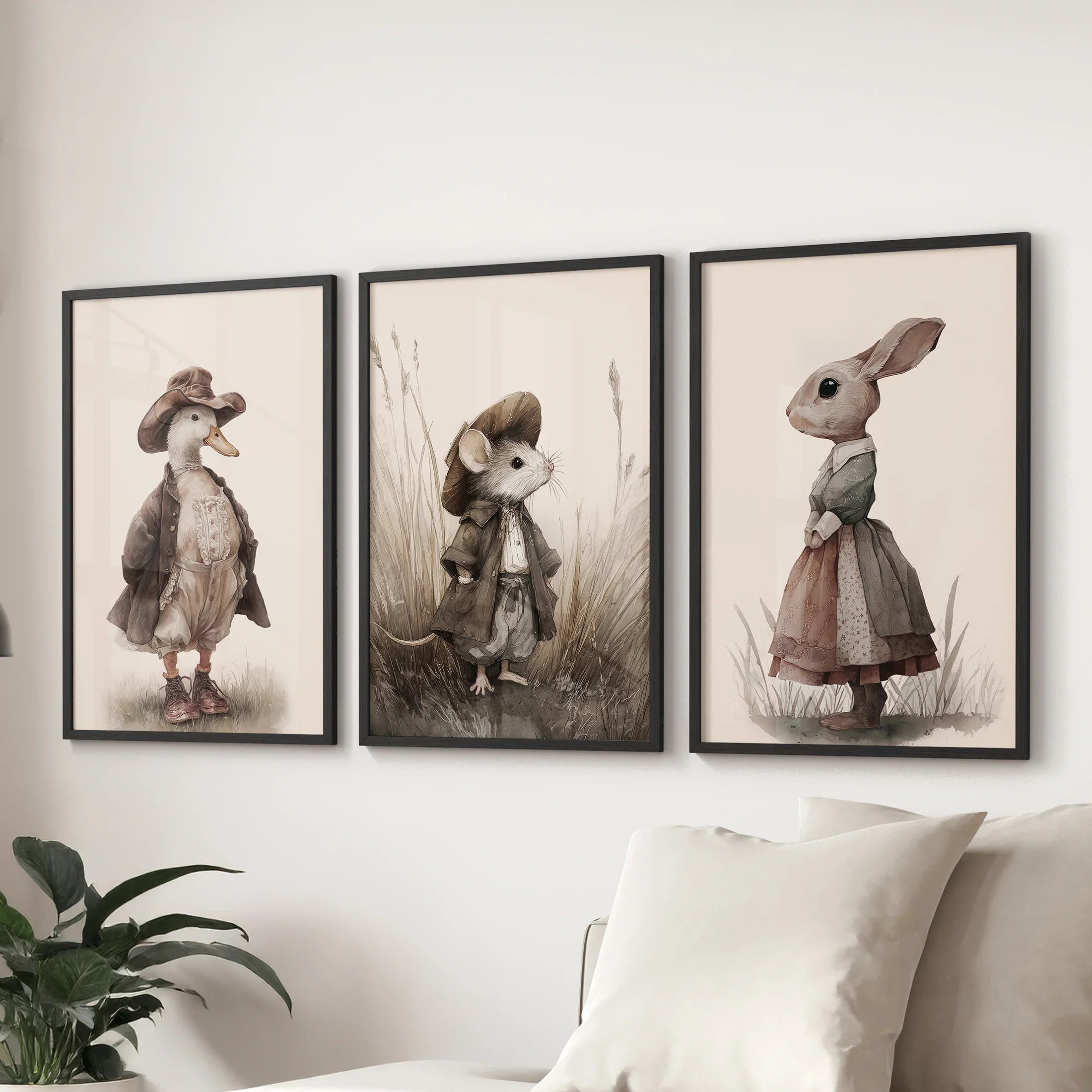 Vintage Animal Nursery Wall Art Set: Duck, Mouse, Rabbit