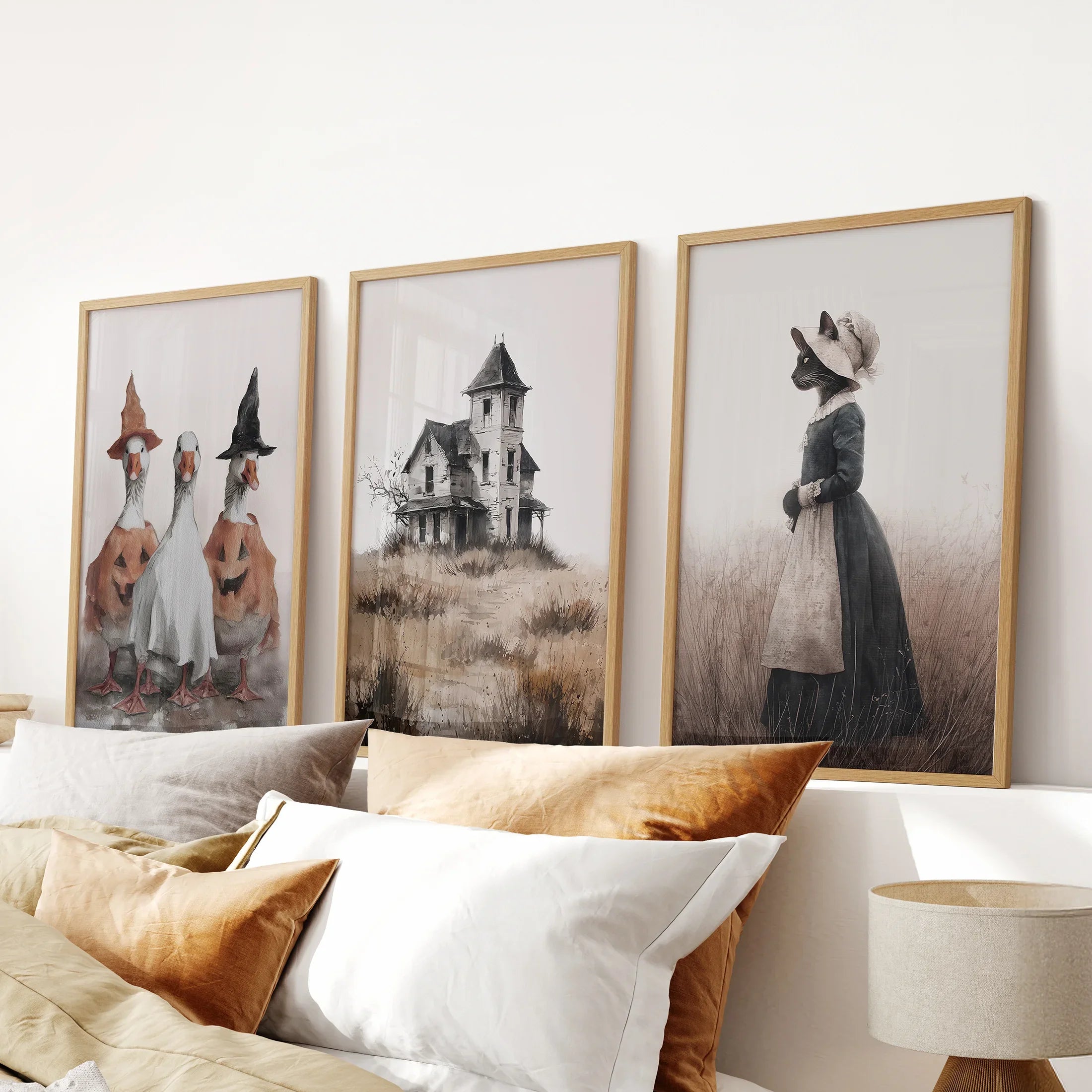 Spooky Cottagecore Wall Art Set. Ducks, Haunted House, Cat