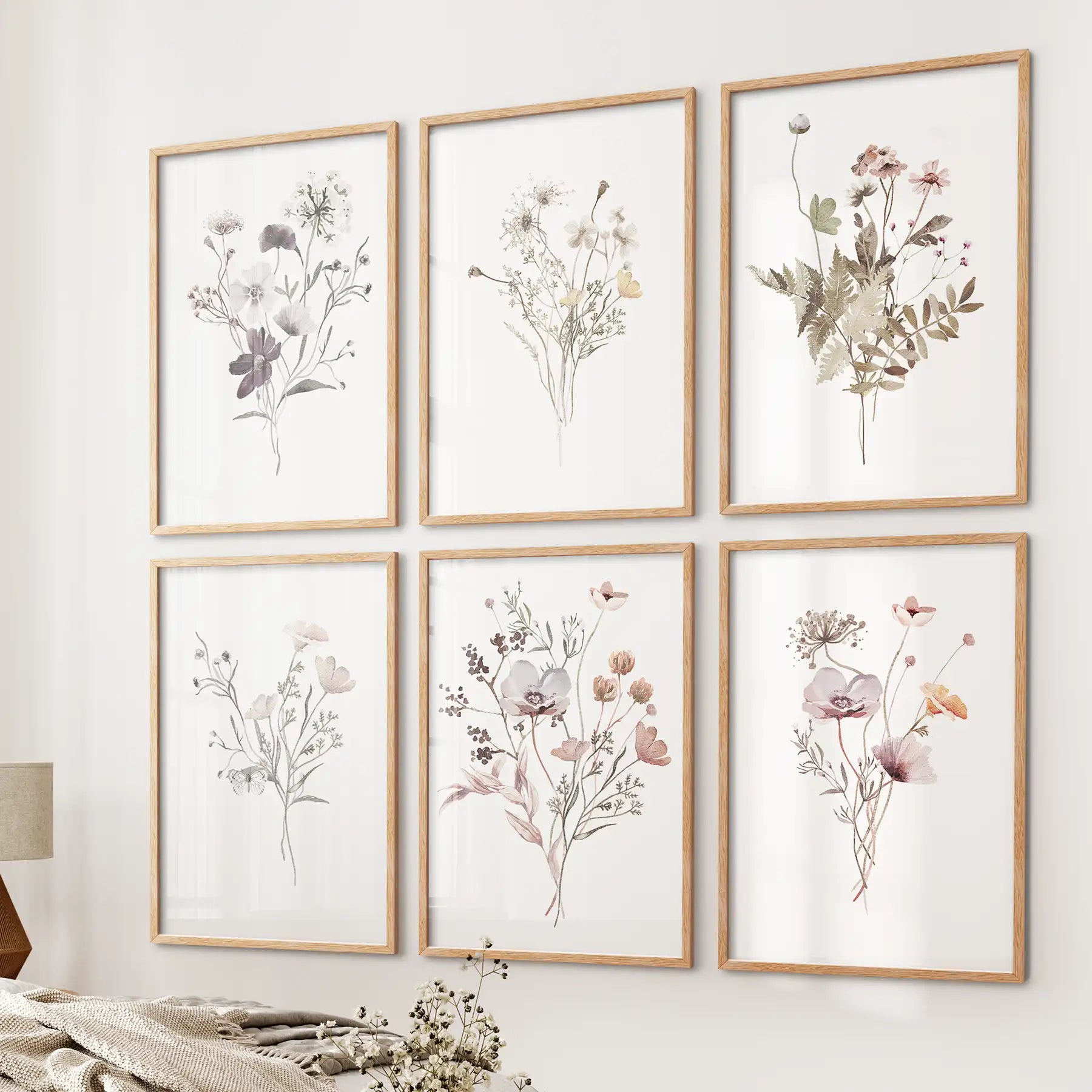 Floral Watercolor Prints. Set of 6 Botanical Wall Art for Bedroom or Living Room
