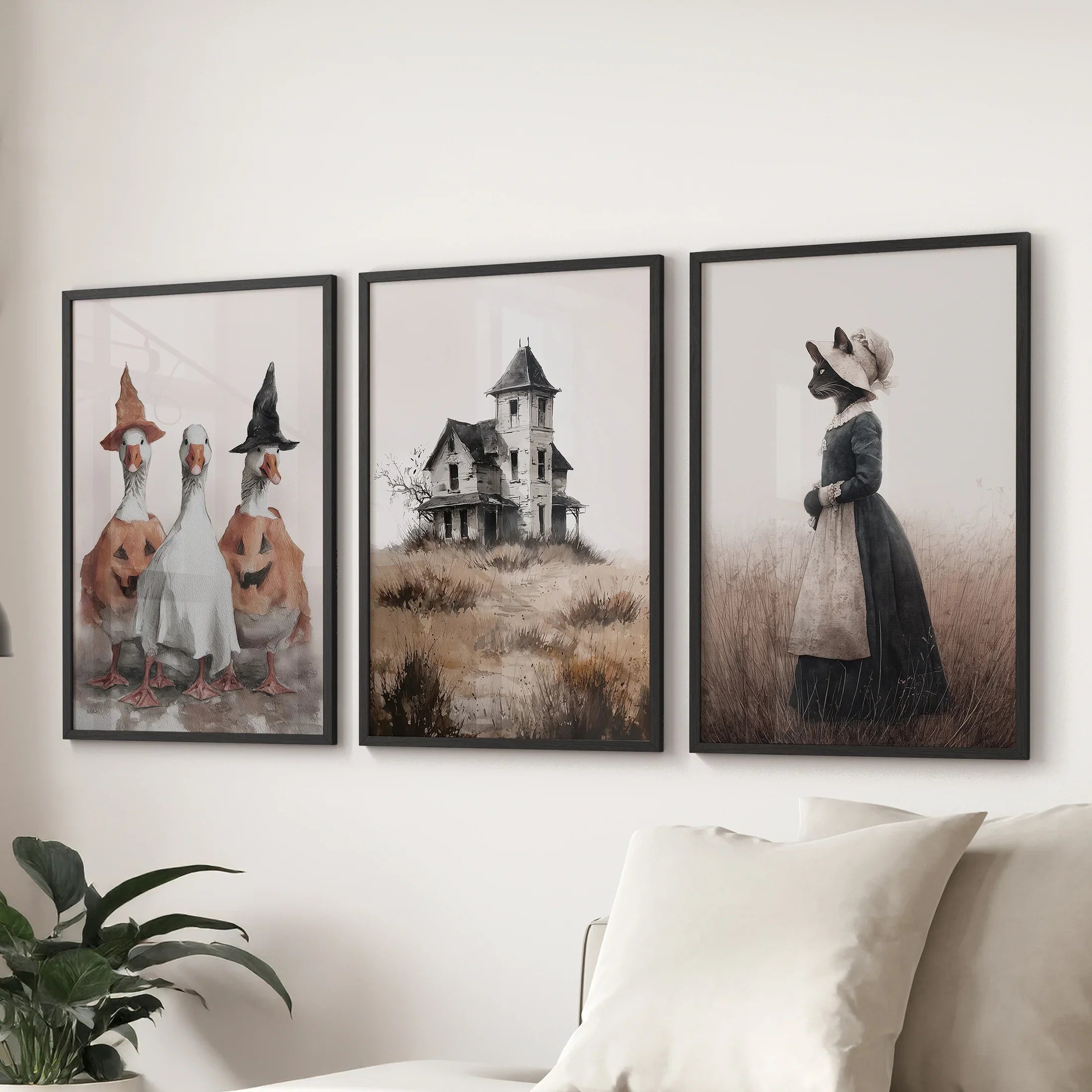 Spooky Cottagecore Wall Art Set. Ducks, Haunted House, Cat
