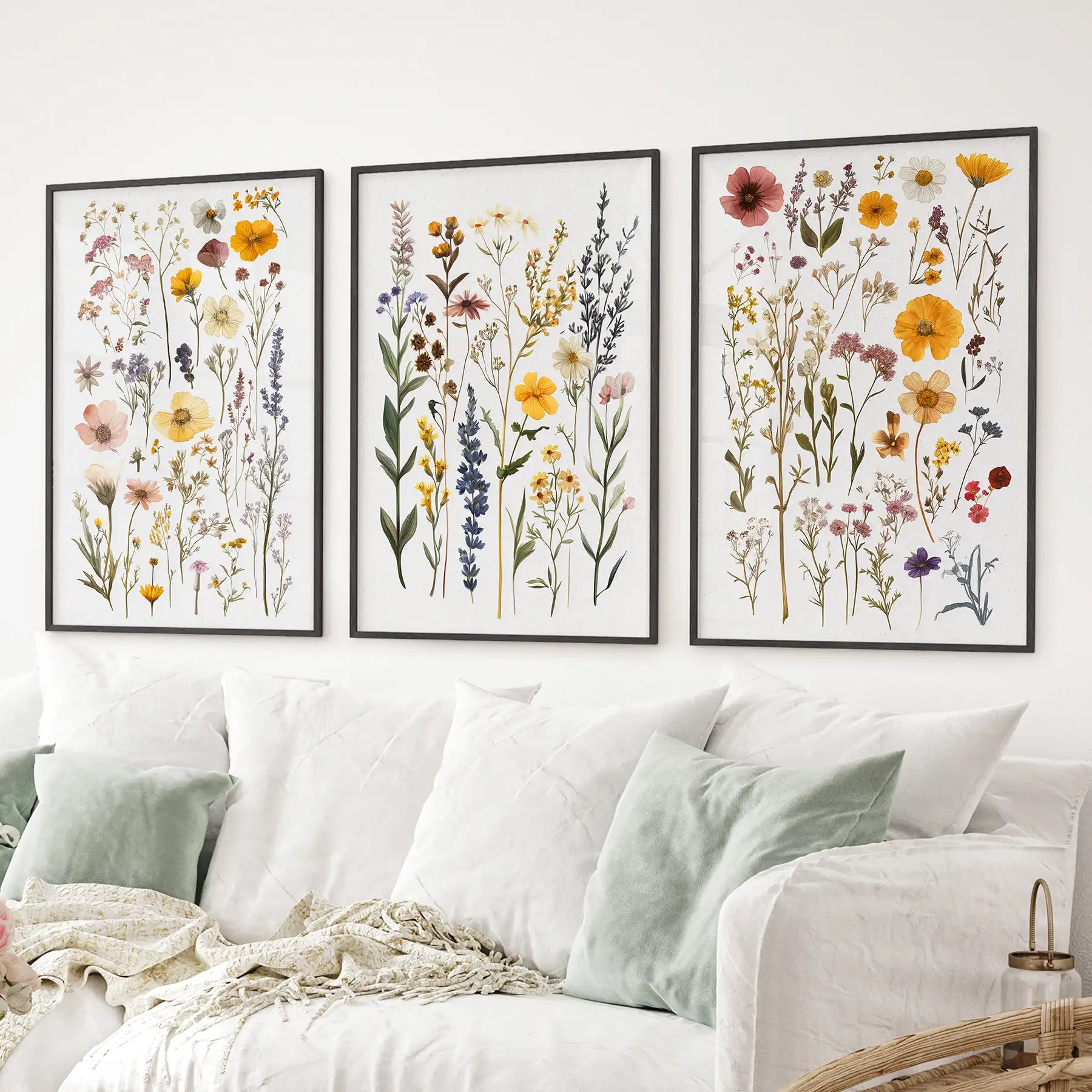 Boho Floral 3 Piece Wall Art. Pressed Flowers Print Set