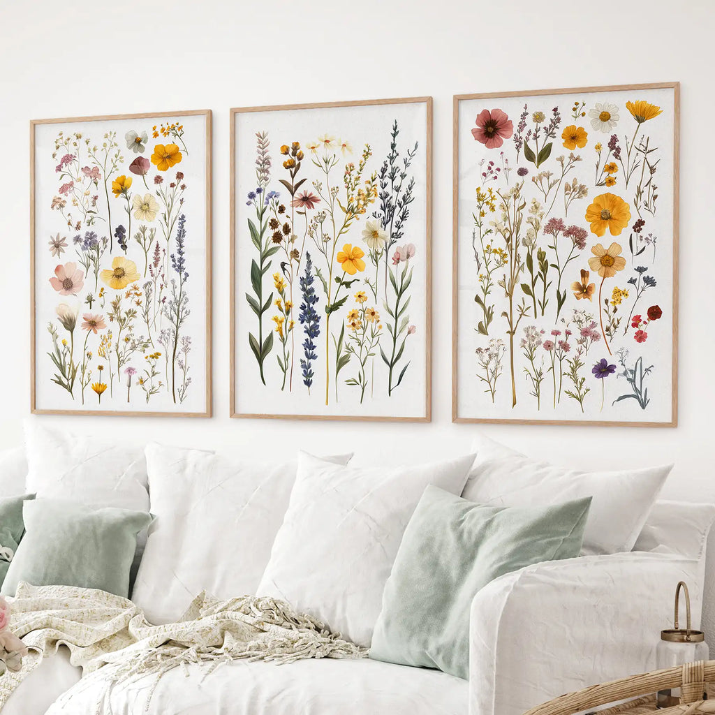Boho Floral 3 Piece Wall Art. Pressed Flowers Print Set