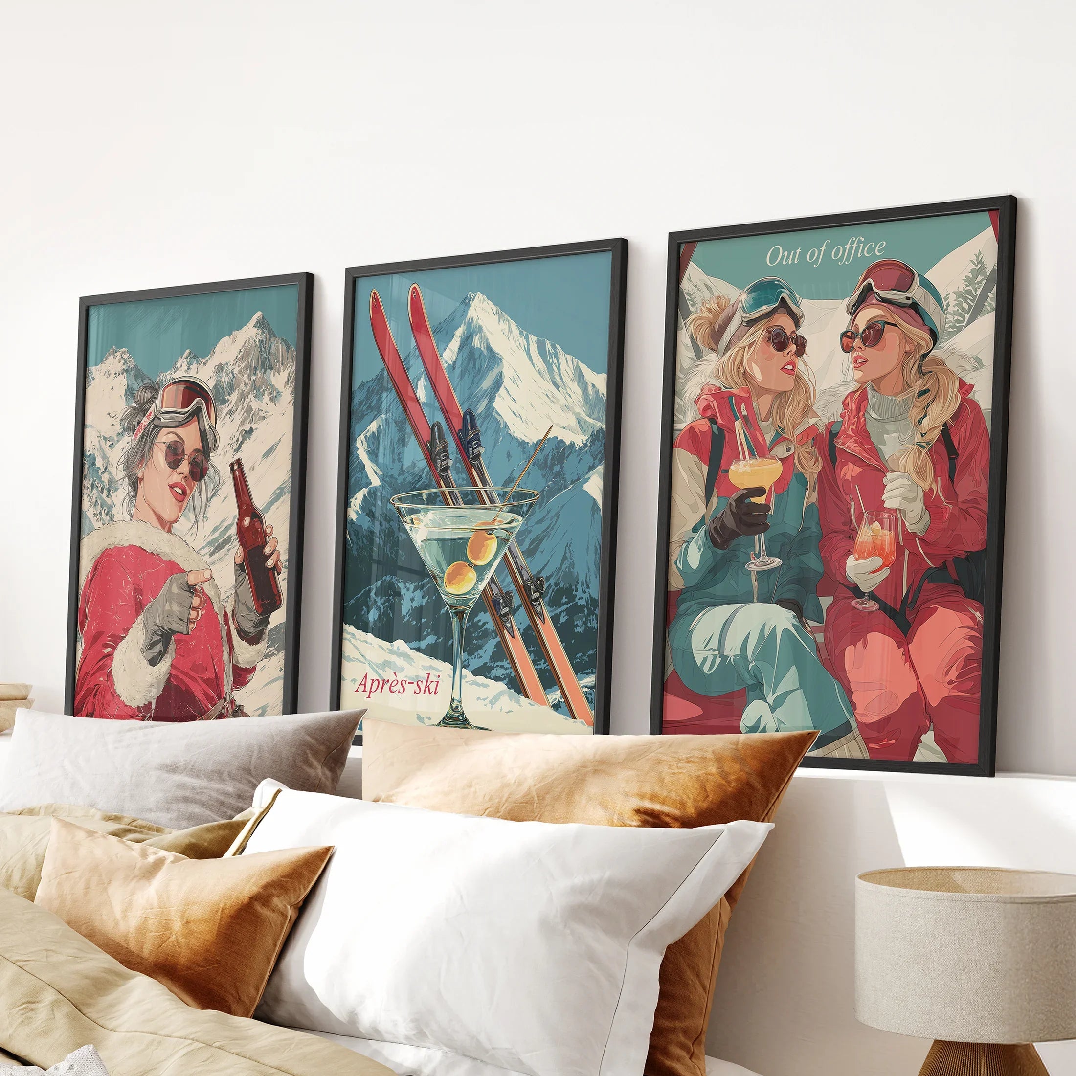 Winter Après Ski Scene Wall Art. Retro Alpine Print Set of 3