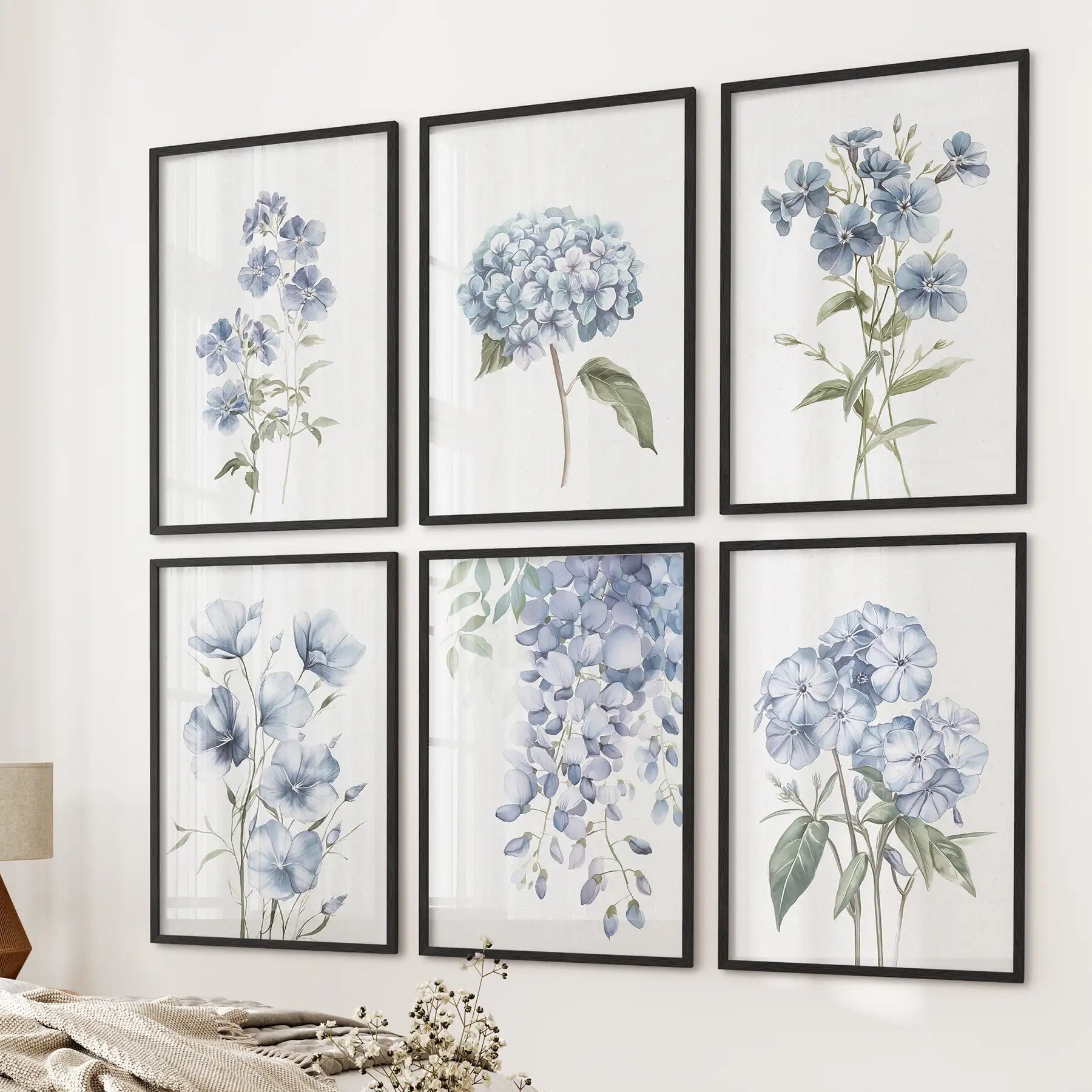 Watercolor Hydrangea, Wisteria Wall Art. Set of 6 Prints