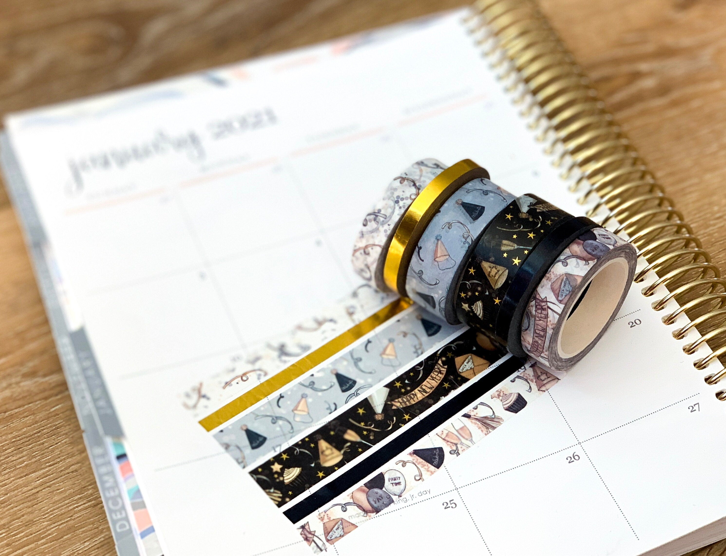 FOILED New Years Eve NYE Black & Gold Anniversary Washi Tape Set (#W004)
