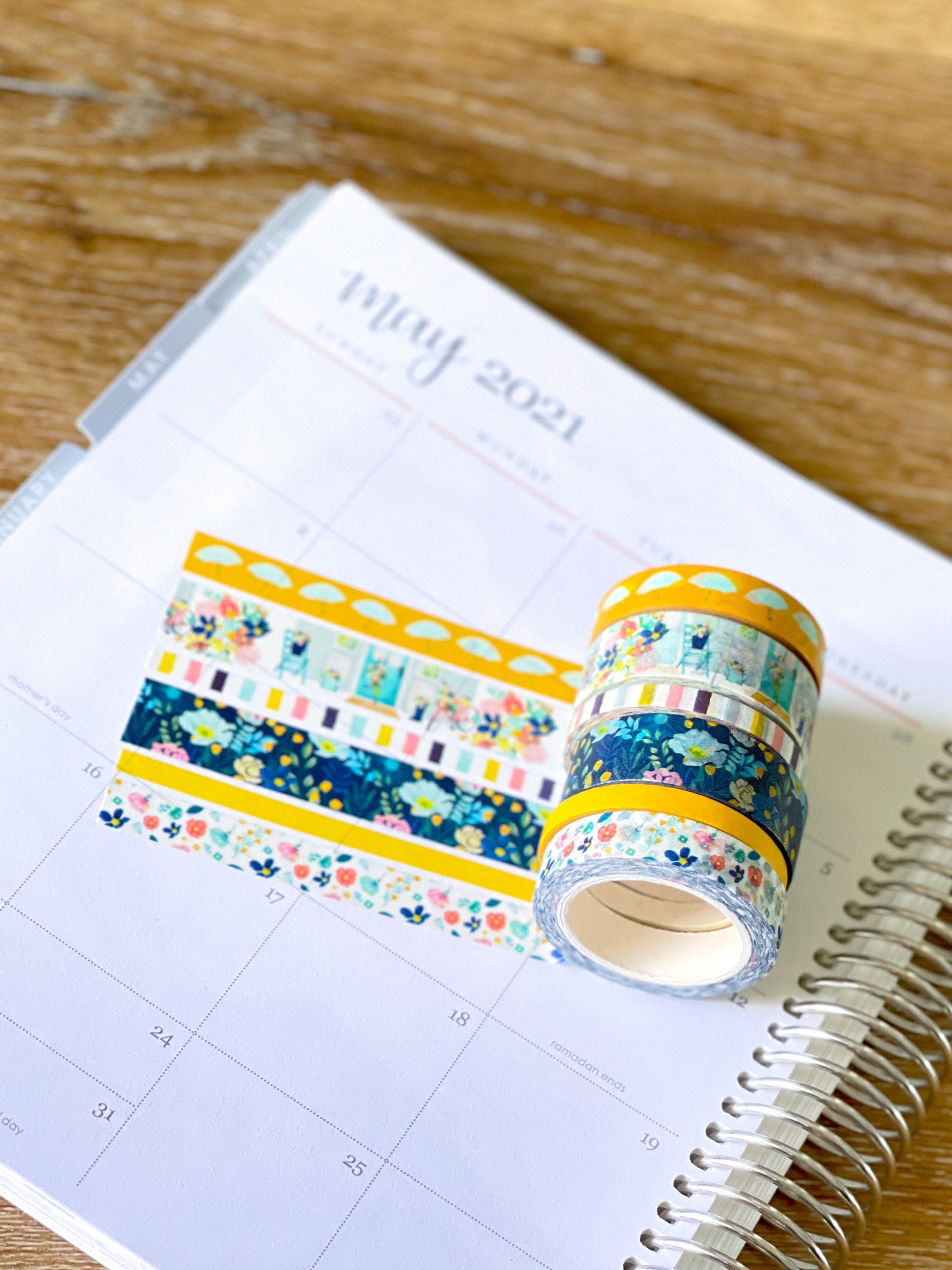 Spring Floral Yellow & Navy Blue Rain & Umbrellas Flowers Washi Tape Set (#W021)