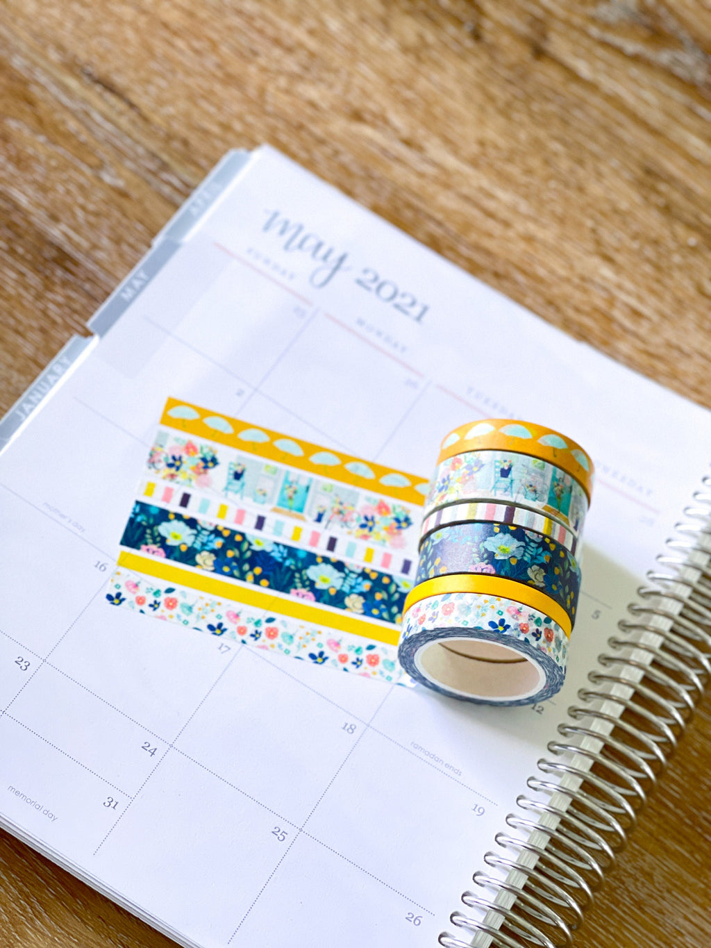 Spring Floral Yellow & Navy Blue Rain & Umbrellas Flowers Washi Tape Set (#W021)