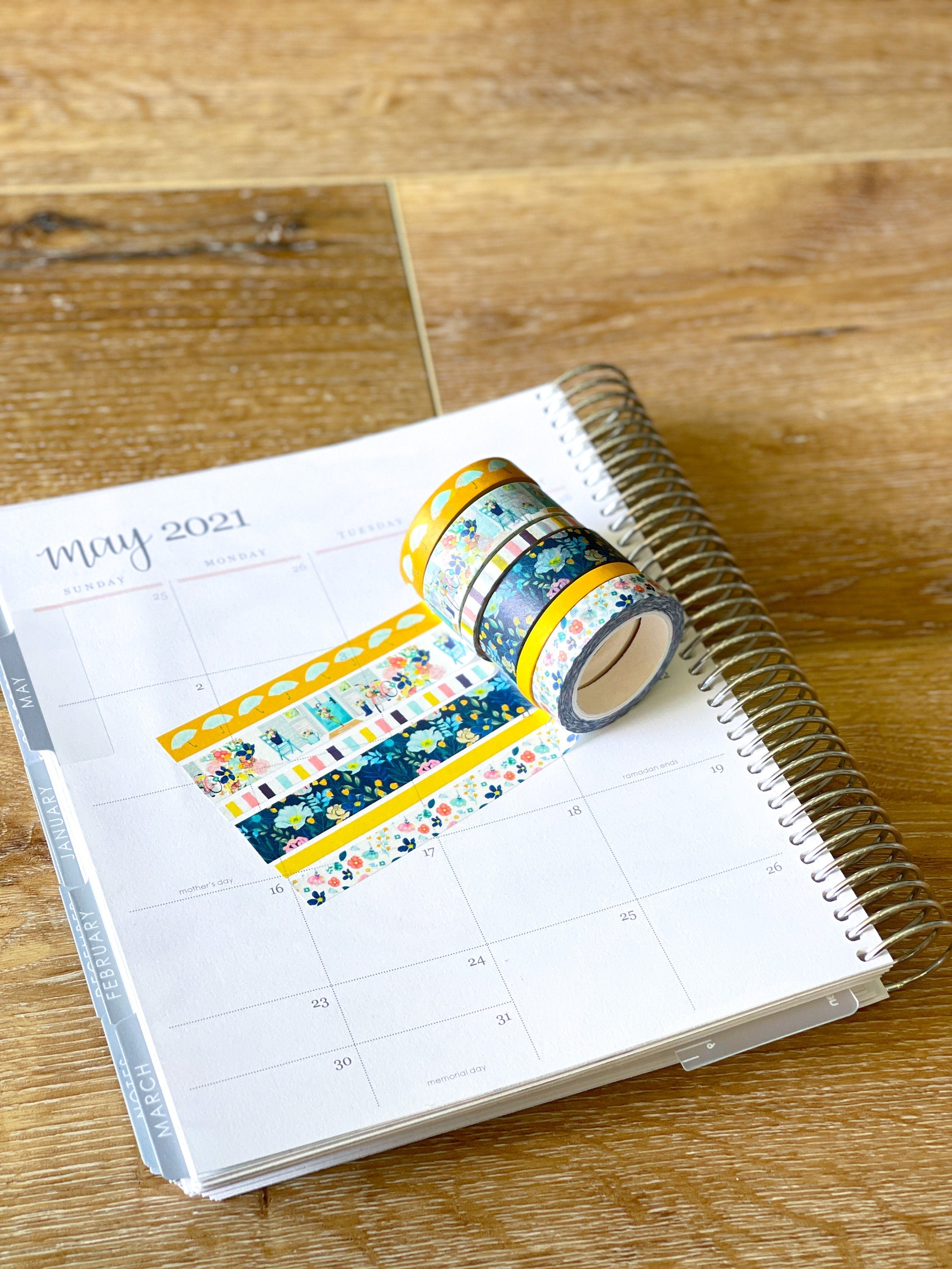 Spring Floral Yellow & Navy Blue Rain & Umbrellas Flowers Washi Tape Set (#W021)