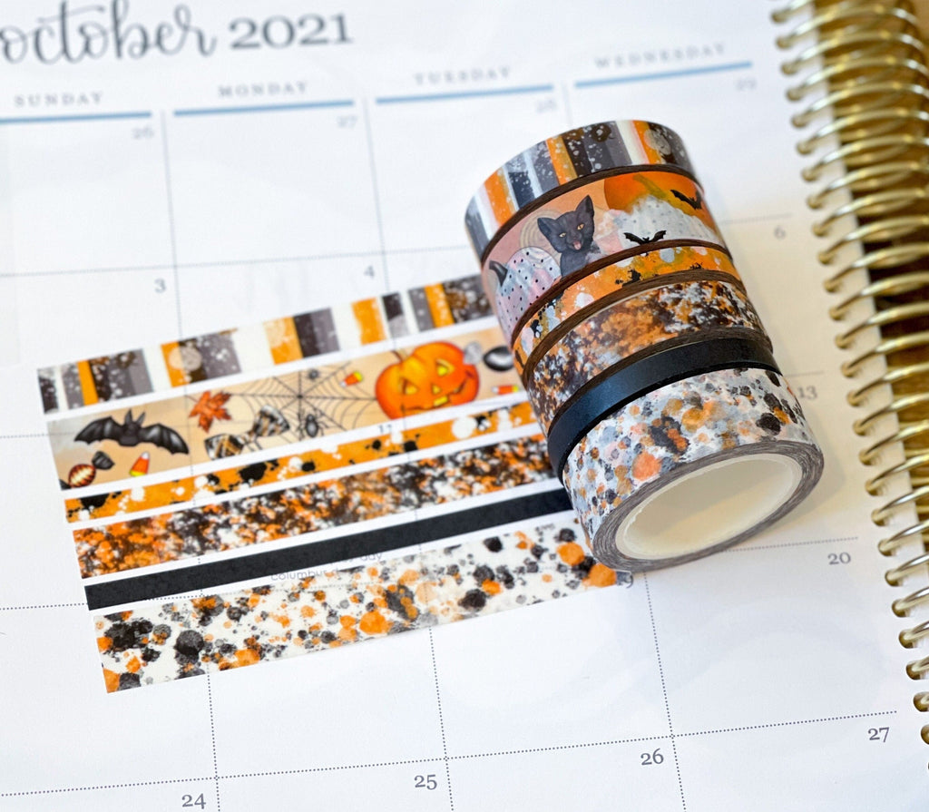 Halloween Black Orange Black Cat & Pumpkins Washi Tape Set (#W032)