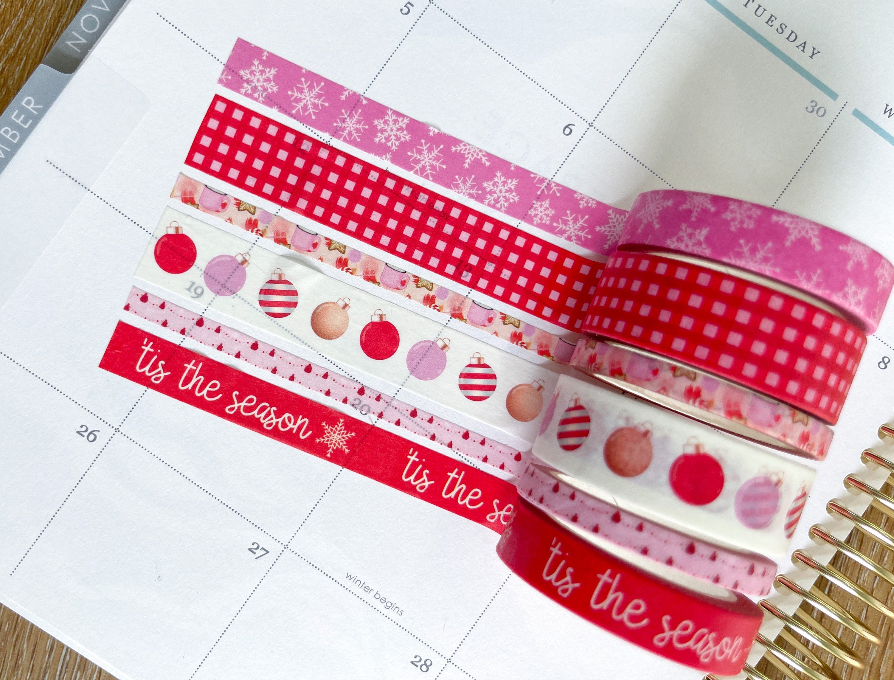 Christmas Tis The Season Pink & Red Snowflakes Holiday Washi Tape Set (#W036)