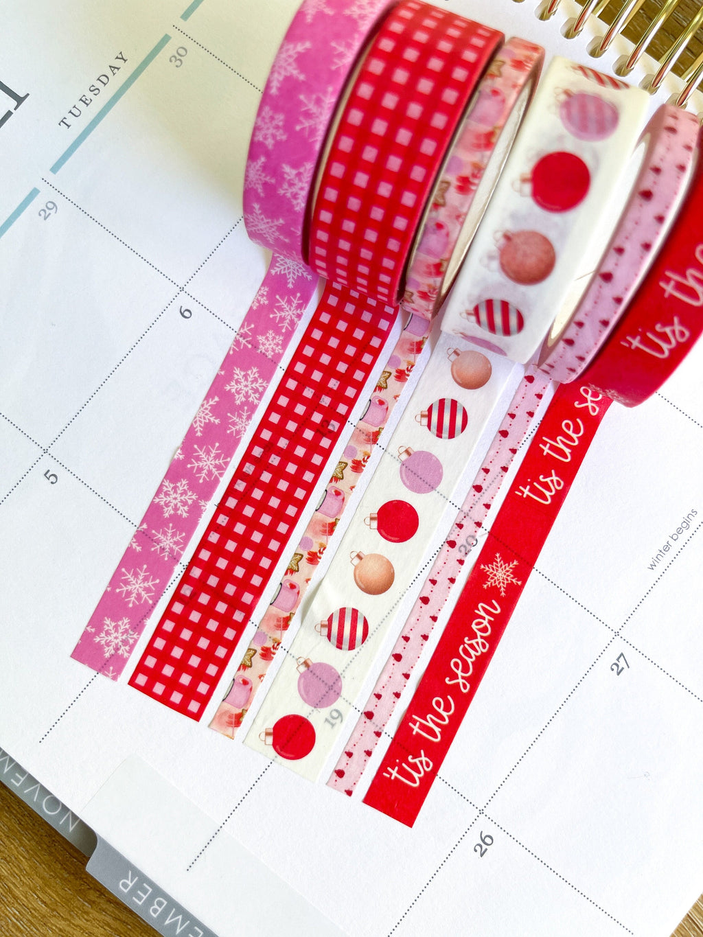 Christmas Tis The Season Pink & Red Snowflakes Holiday Washi Tape Set (#W036)