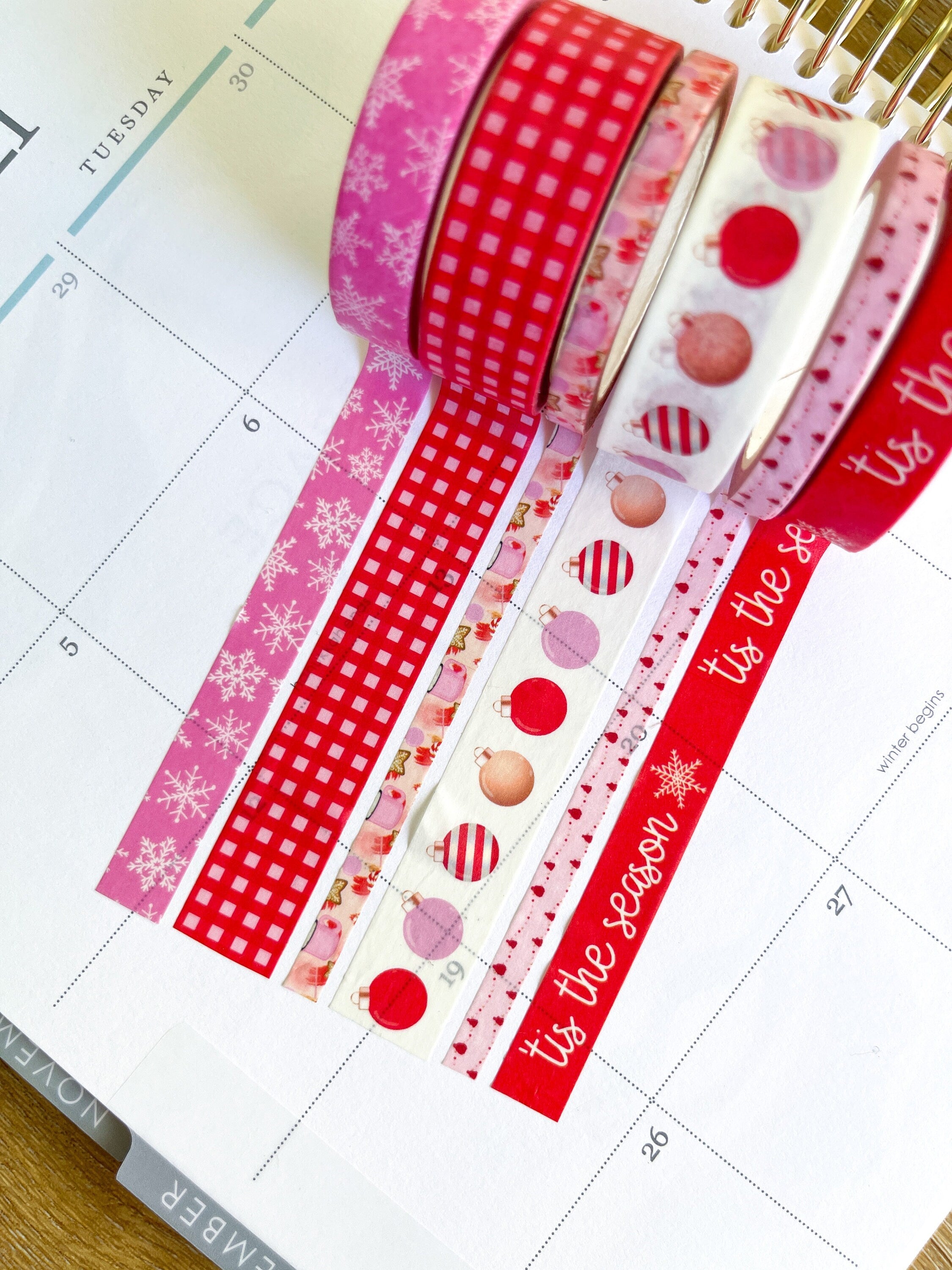 Christmas Tis The Season Pink & Red Snowflakes Holiday Washi Tape Set (#W036)