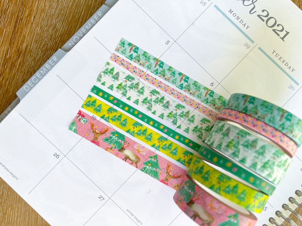 Christmas Washi Deer Reindeer Bright Pink & Green Lights Holiday Washi Tape Set  (#W037)