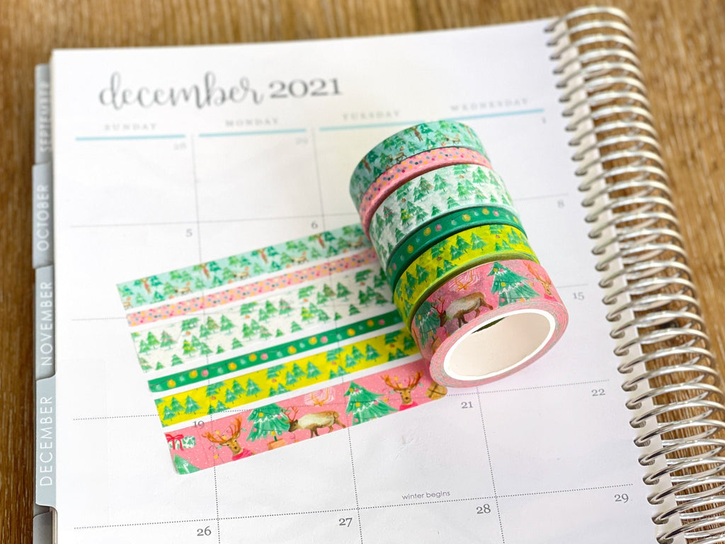 Christmas Washi Deer Reindeer Bright Pink & Green Lights Holiday Washi Tape Set  (#W037)