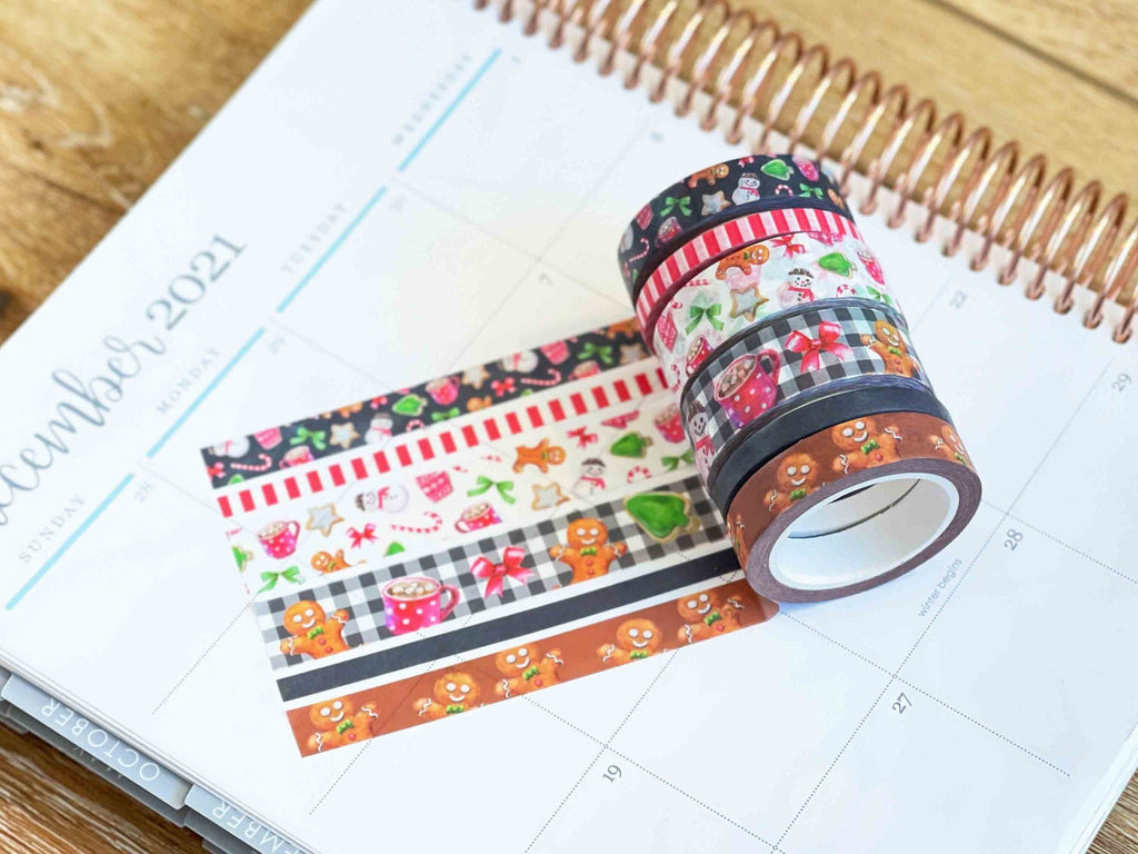 Gingerbread & Candy Canes Plaid Christmas Holiday Red & Green Washi Tape Set (#W039)