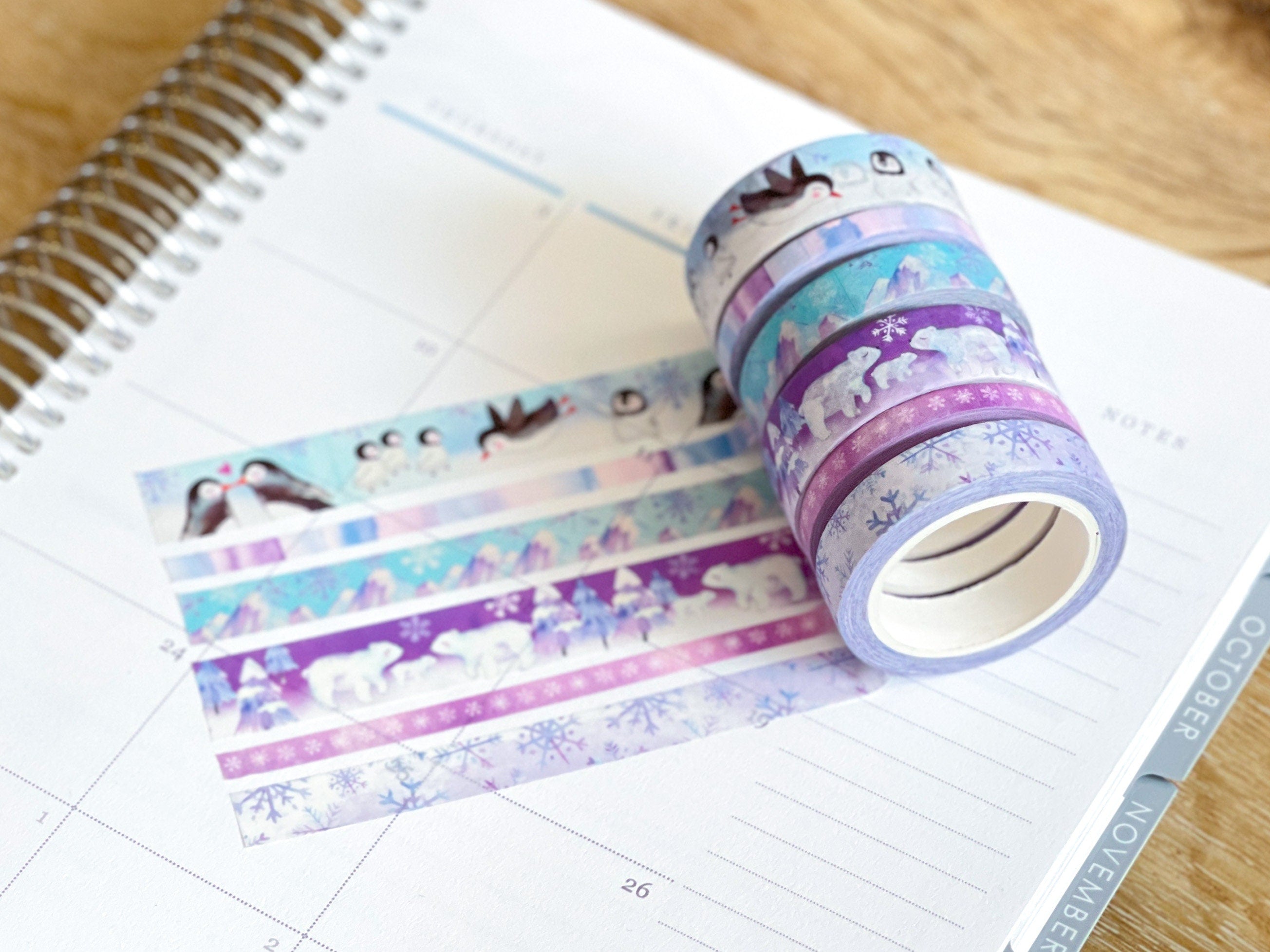 Penguins Polar Bears Snowflakes Purple & Blue Winter Snow Animals Washi Tape Set (#W041)