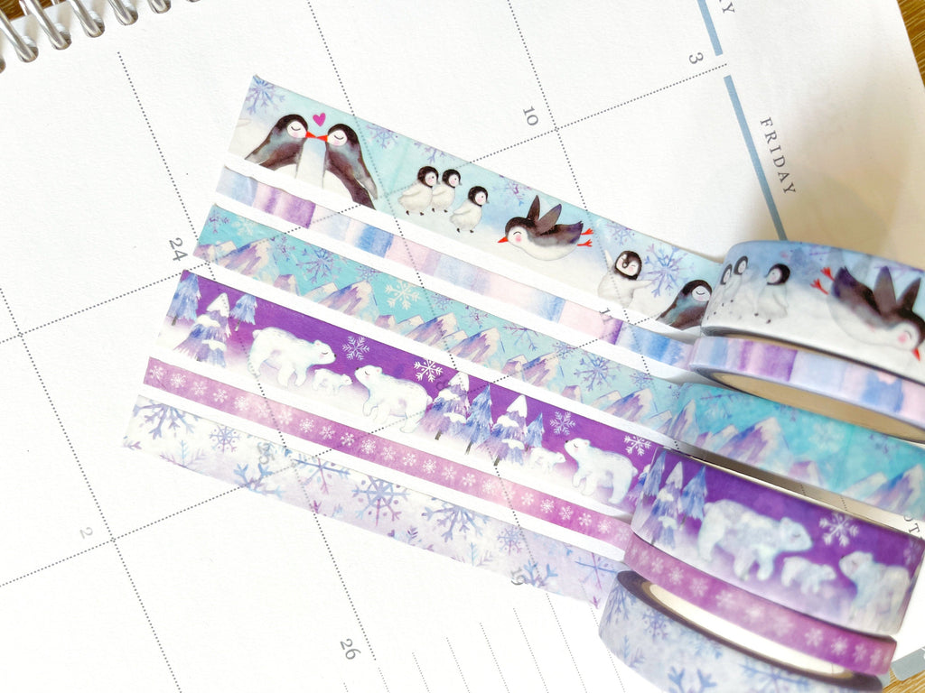Penguins Polar Bears Snowflakes Purple & Blue Winter Snow Animals Washi Tape Set (#W041)