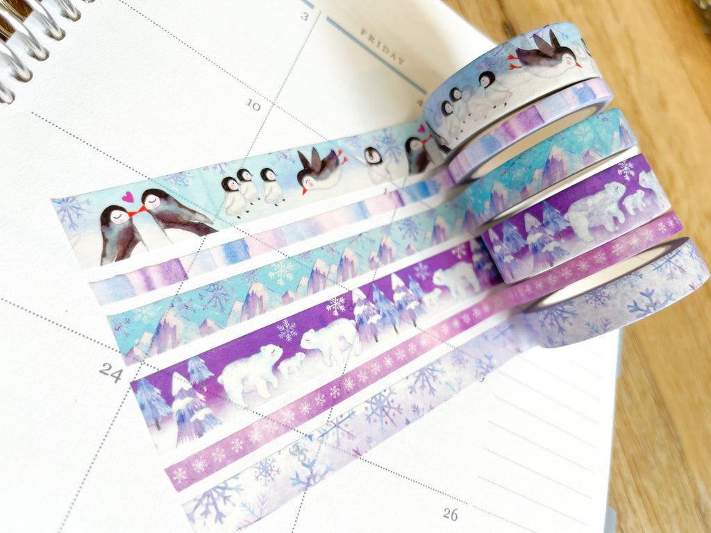 Penguins Polar Bears Snowflakes Purple & Blue Winter Snow Animals Washi Tape Set (#W041)