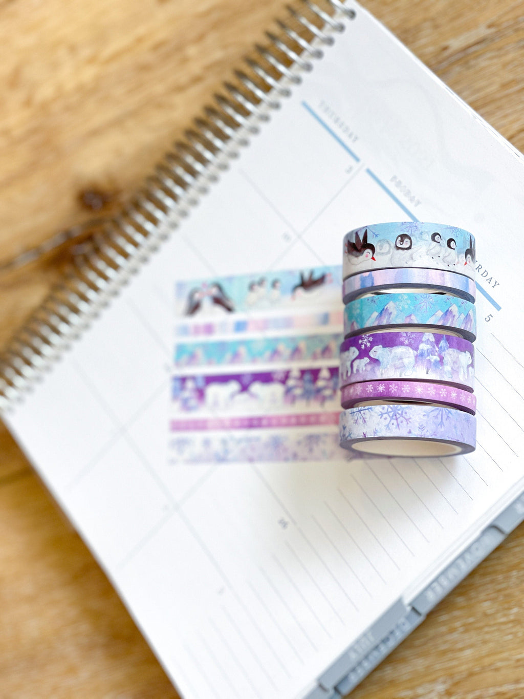 Penguins Polar Bears Snowflakes Purple & Blue Winter Snow Animals Washi Tape Set (#W041)