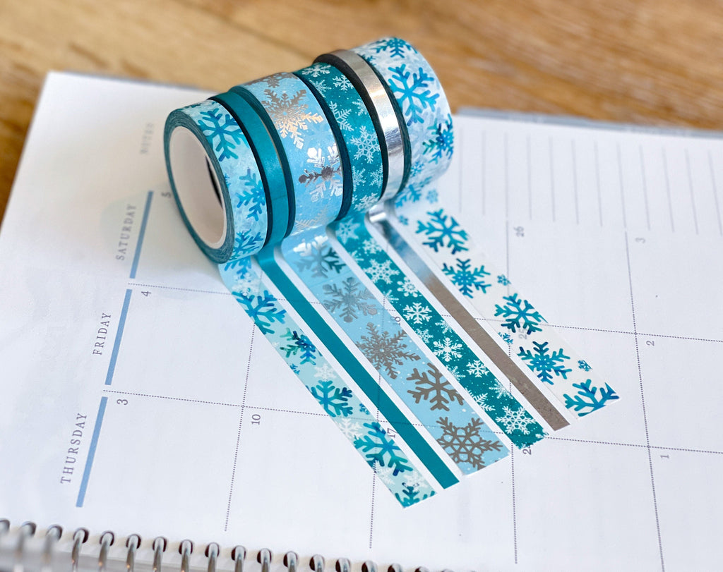 FOILED Teal & Silver Snowflakes Snowy Winter Washi Tape Set (#W005)