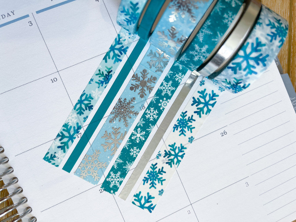 FOILED Teal & Silver Snowflakes Snowy Winter Washi Tape Set (#W005)