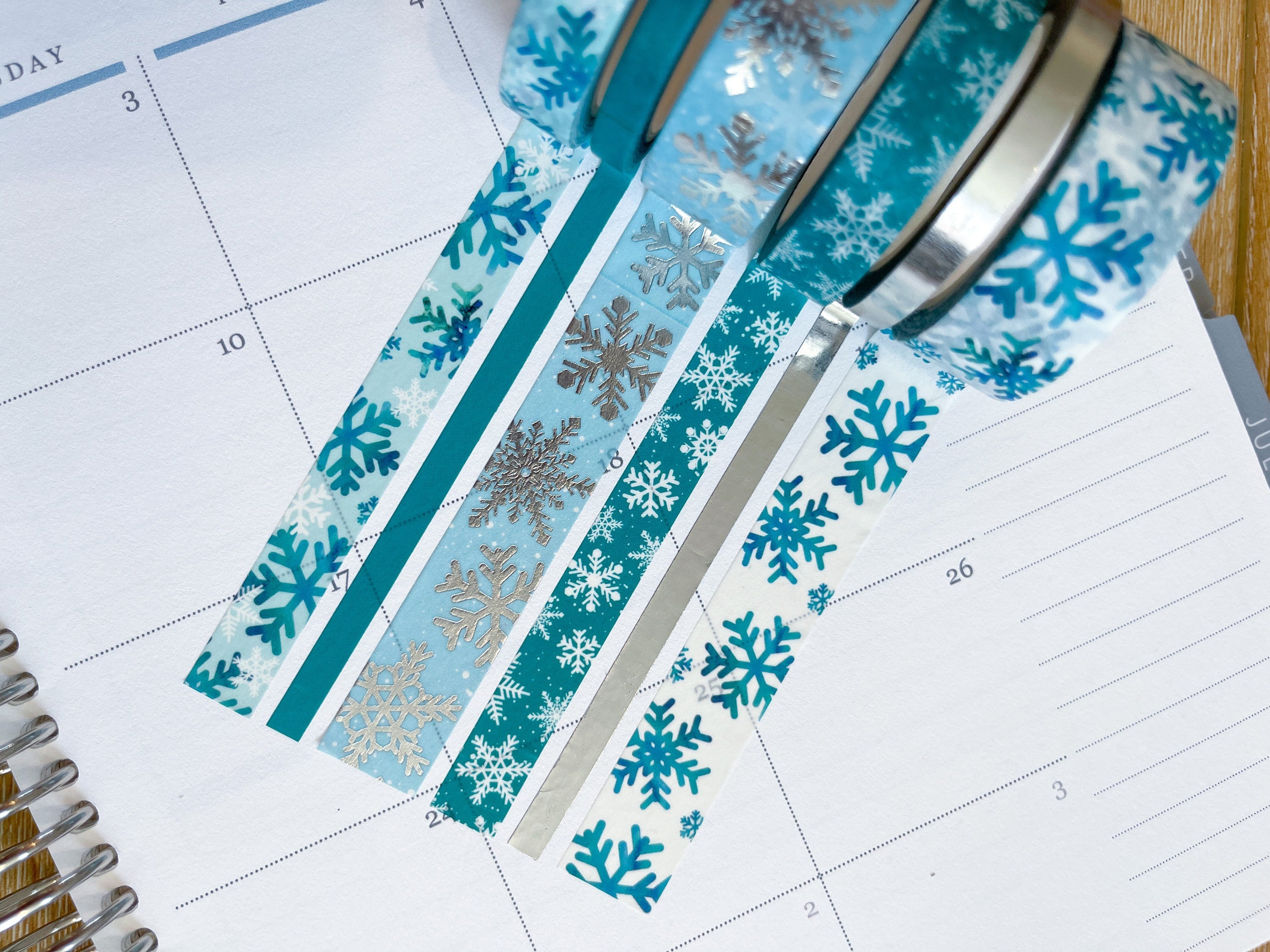 FOILED Teal & Silver Snowflakes Snowy Winter Washi Tape Set (#W005)